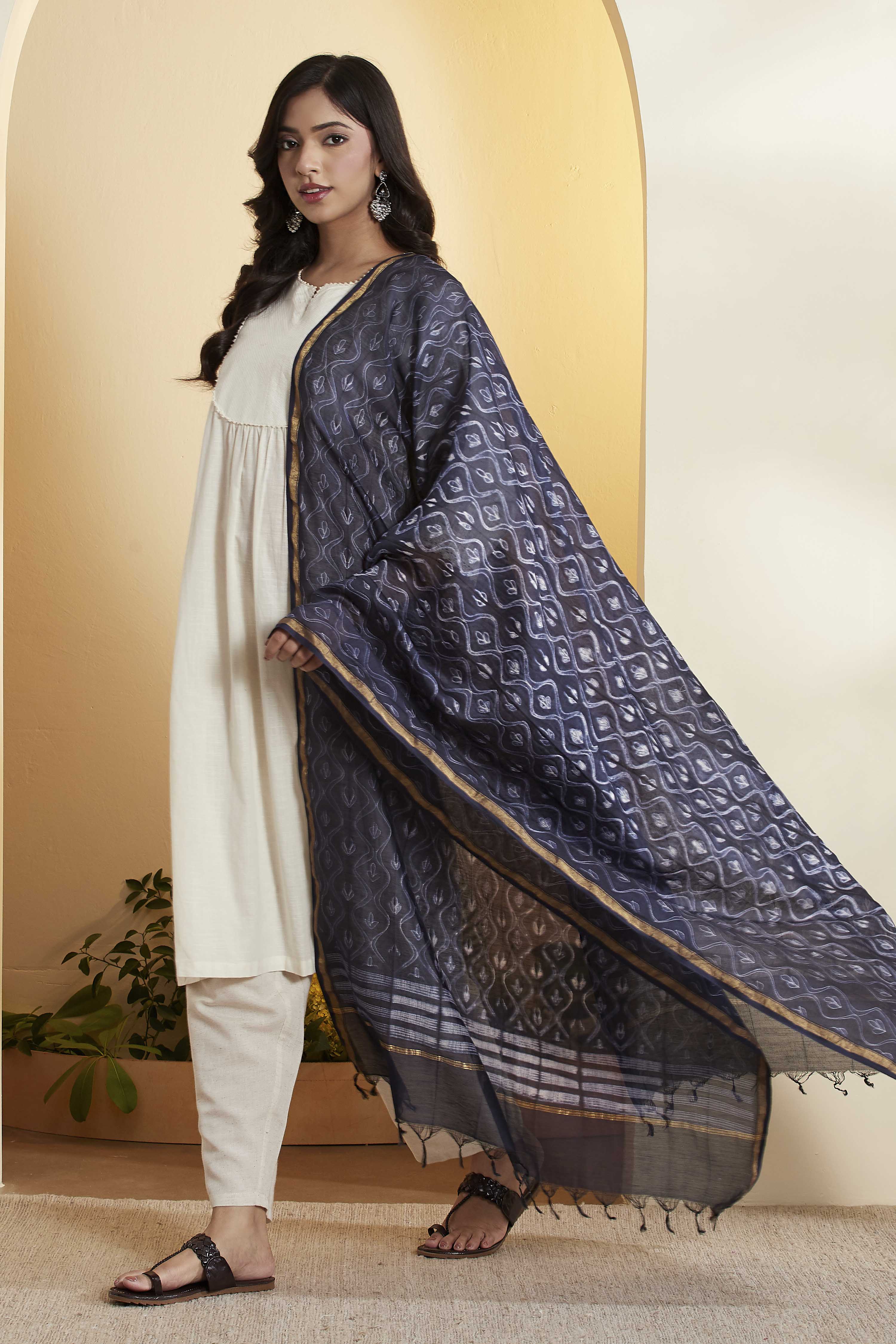 Navy Blue Printed Chanderi Dupatta image number 2