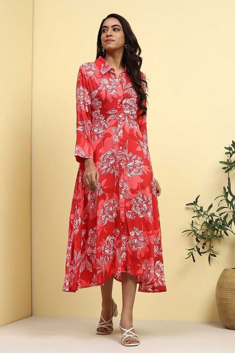 Blue Floral Printed Shirt Style A-line Dress image number 5