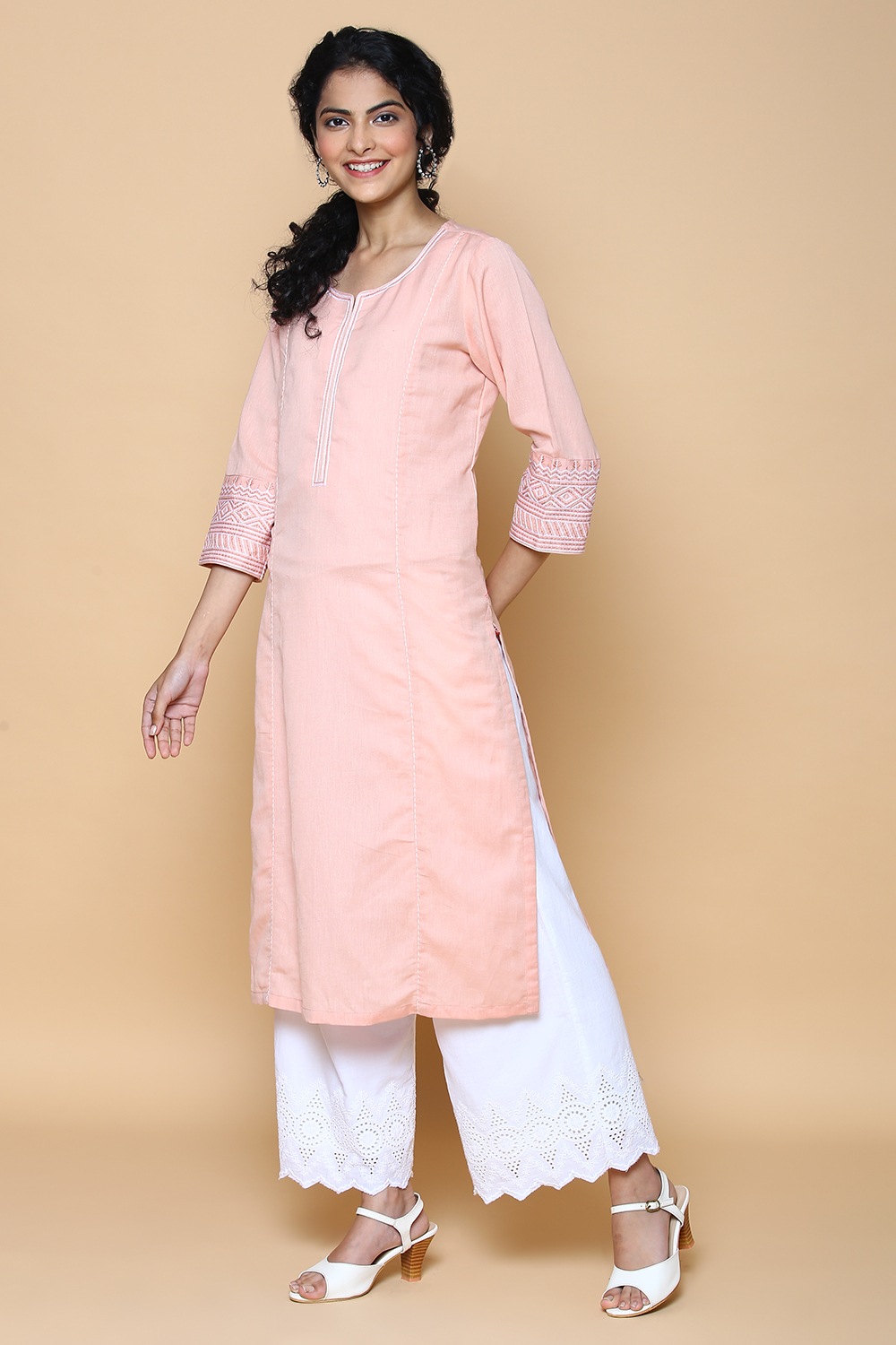 Peach Blue Cotton Linen Kurta image number 3