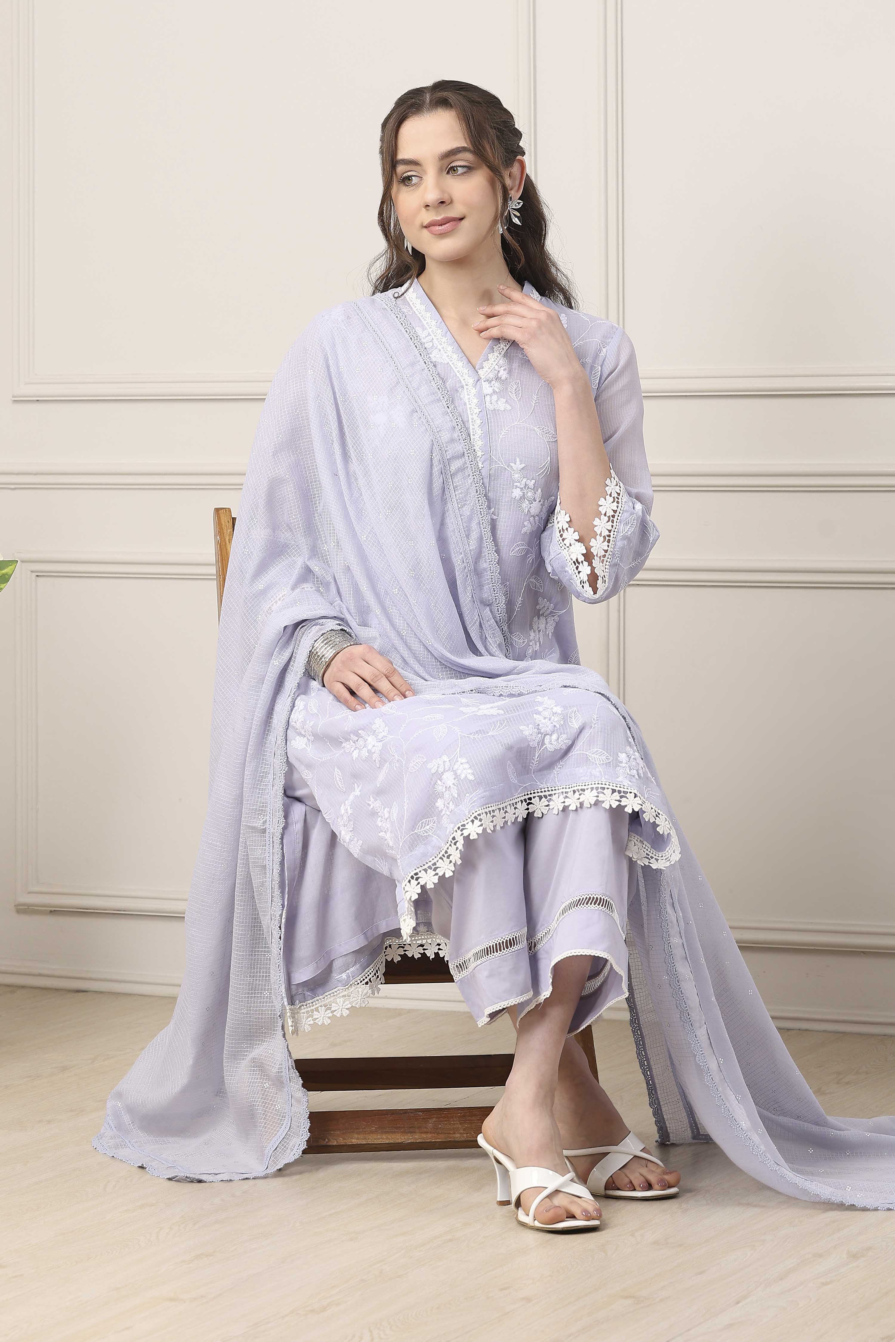 Lavender Cotton Floral Embroidered Straight Suit Set image number 0