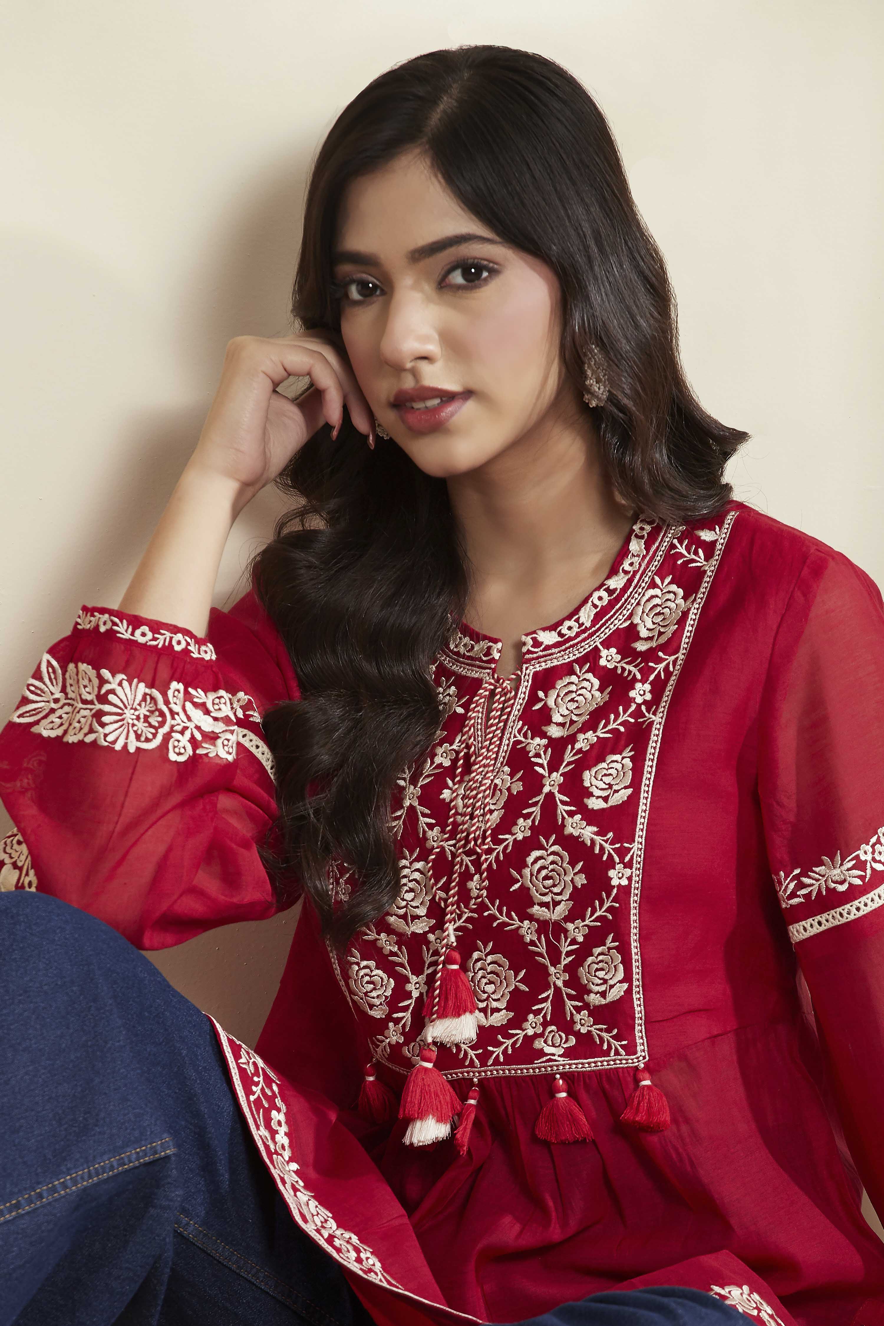 Red Cotton Silk Embroidered Full Sleeve Kurti image number 1