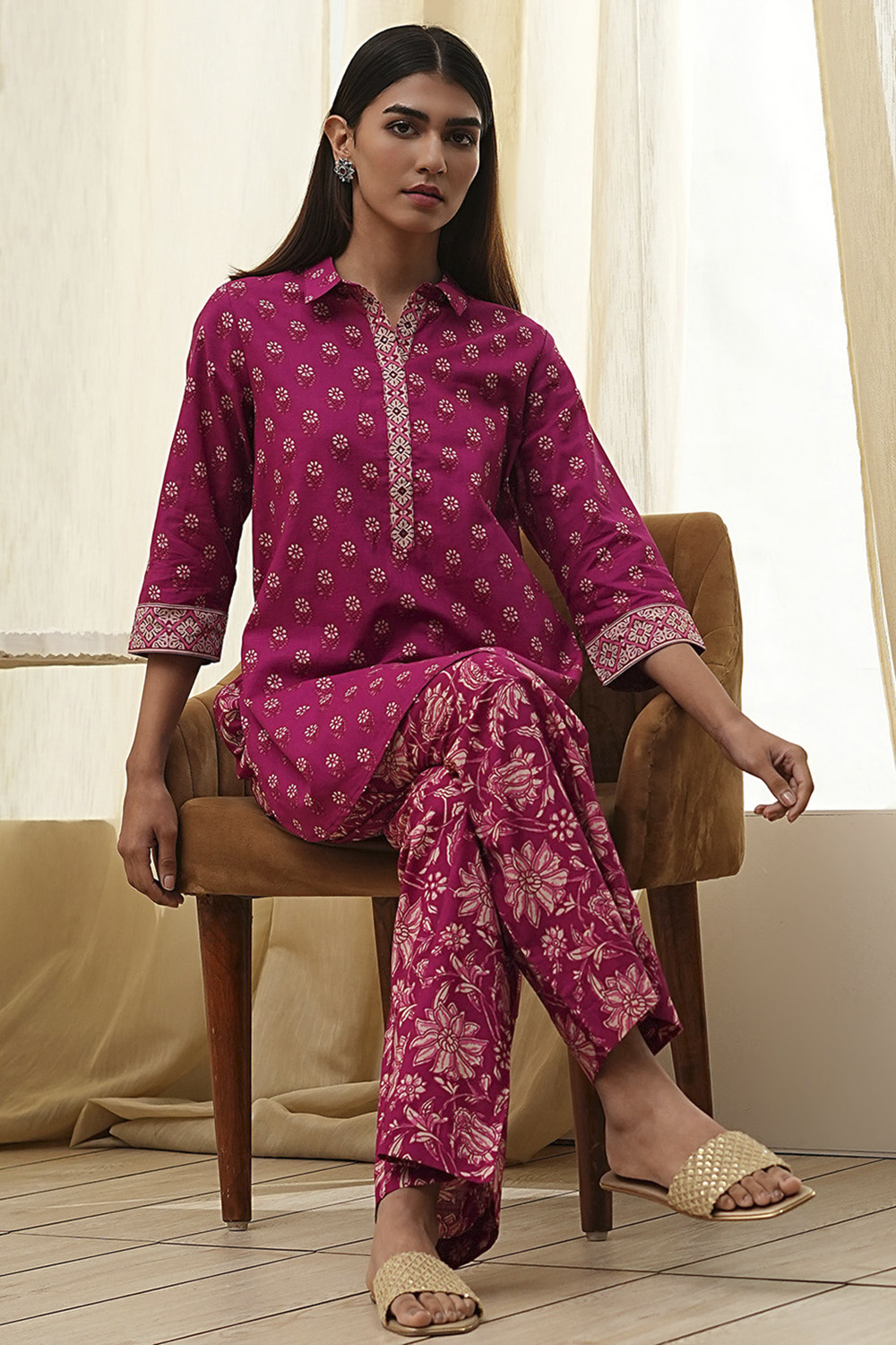 Plum Red Cotton Printed Kurta Set image number 0