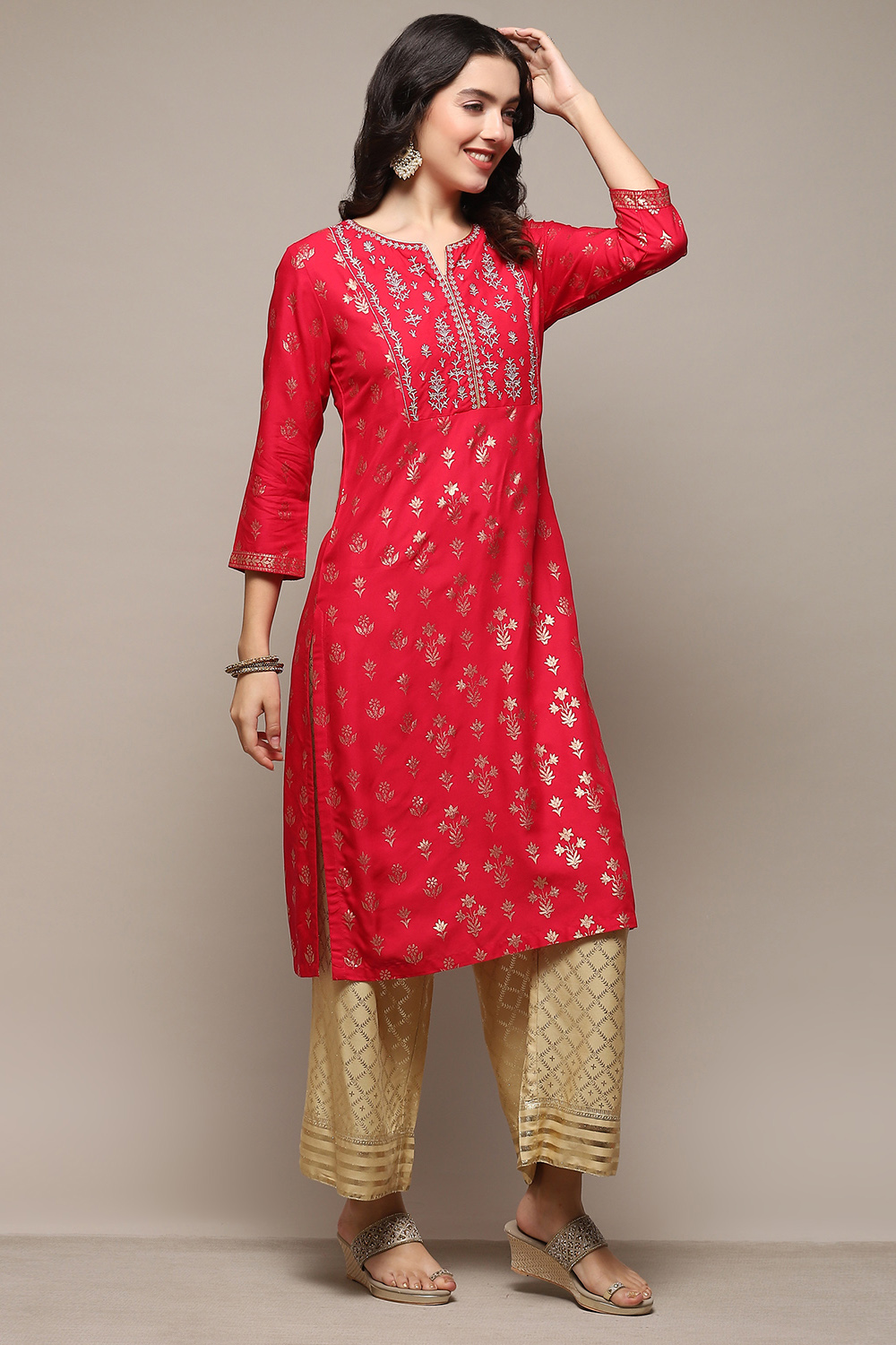 Navy Blue Rayon flax Straight Kurta Palazzo Suit Set image number 5