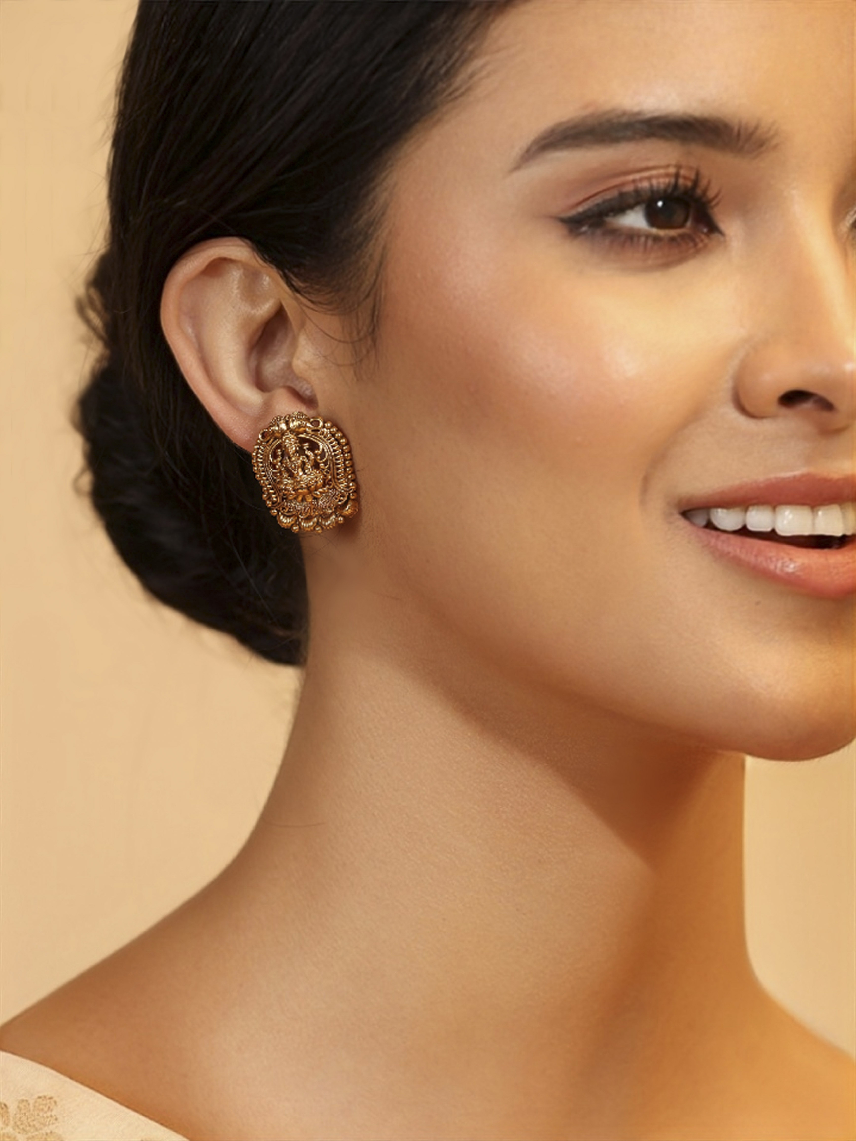 Gold Plated Brass Temple Stud Earrings image number 1