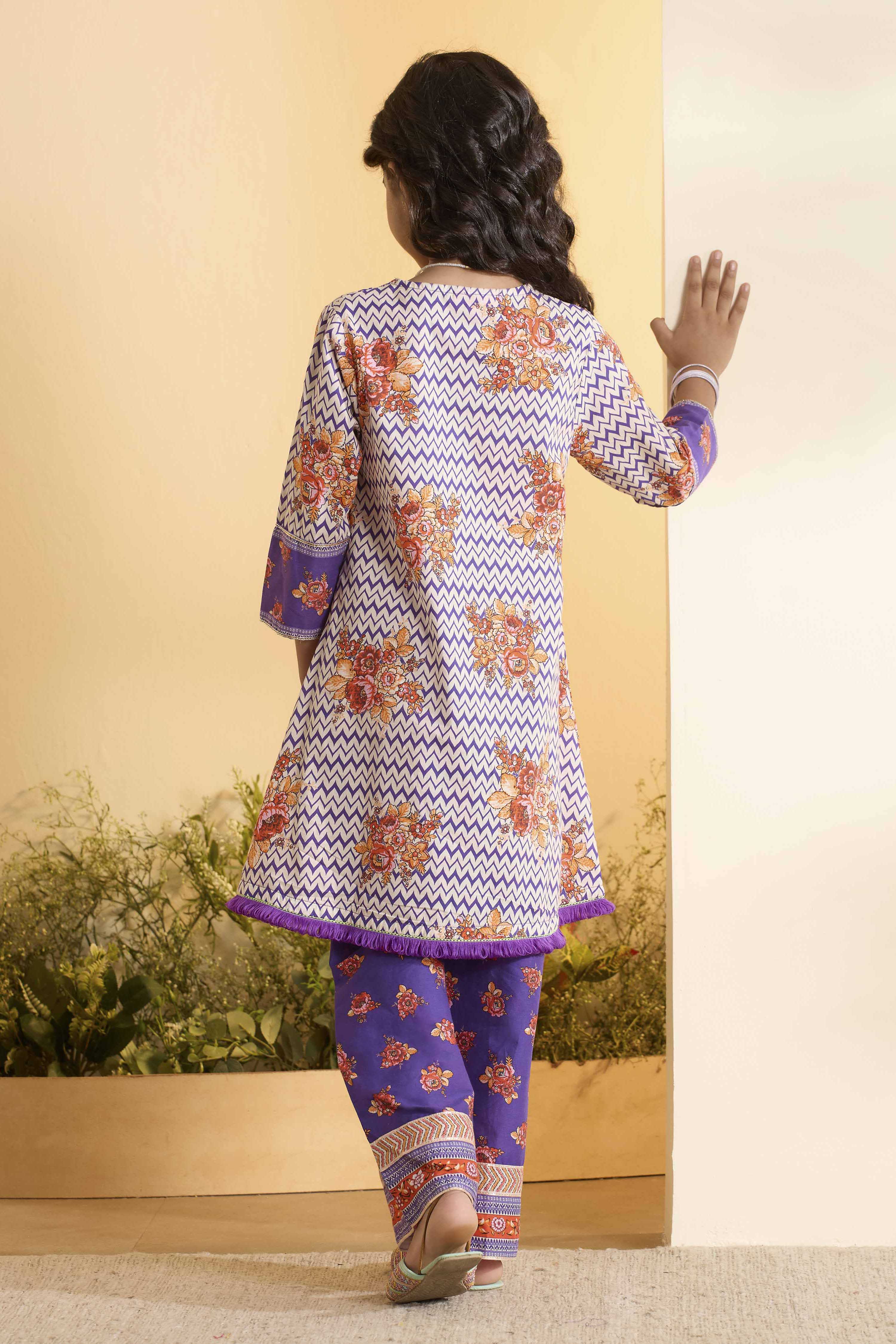 Purple Cotton Printed A-Line Kurta Set image number 4
