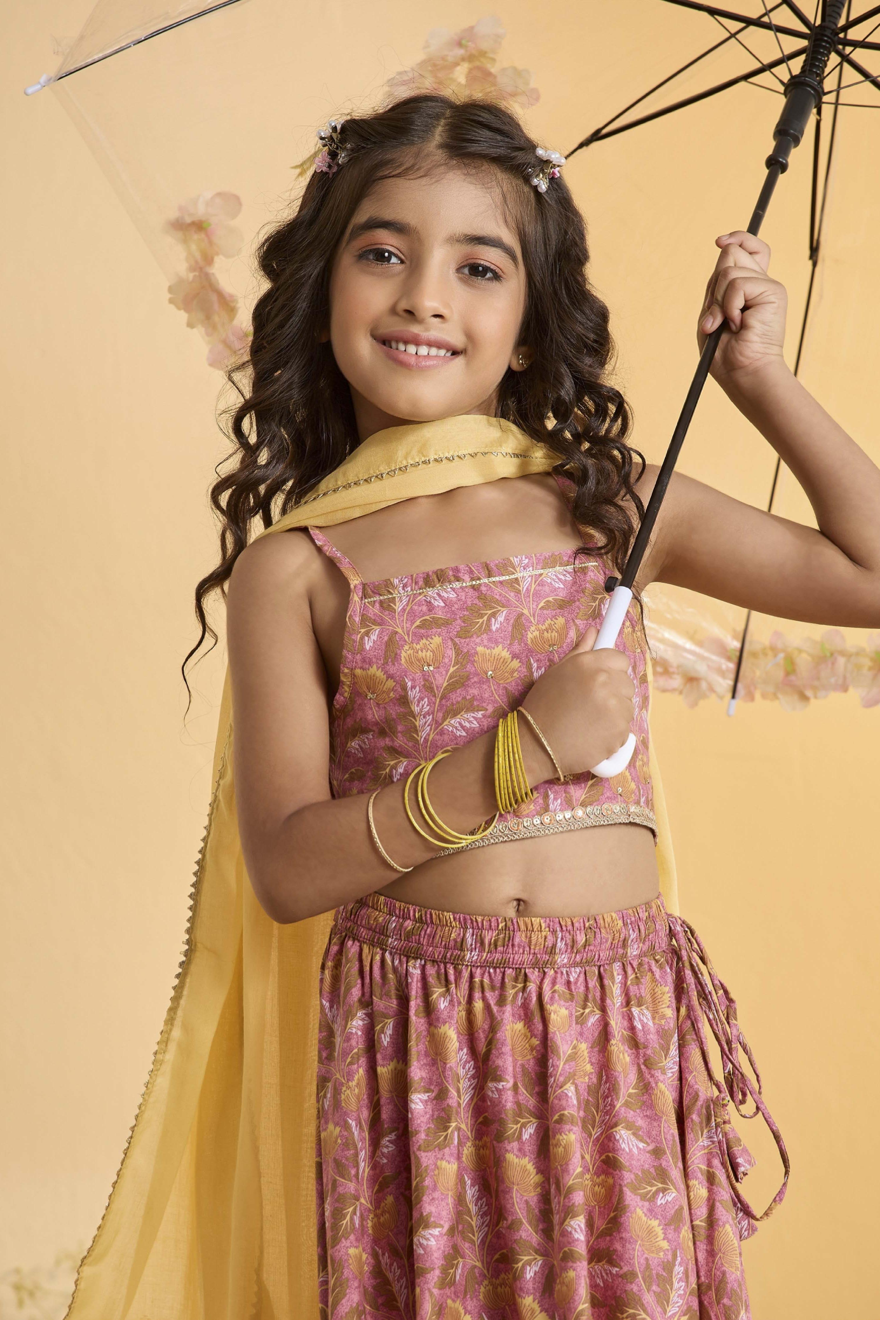 Peach Cotton Printed Gathered Lehenga Set image number 8