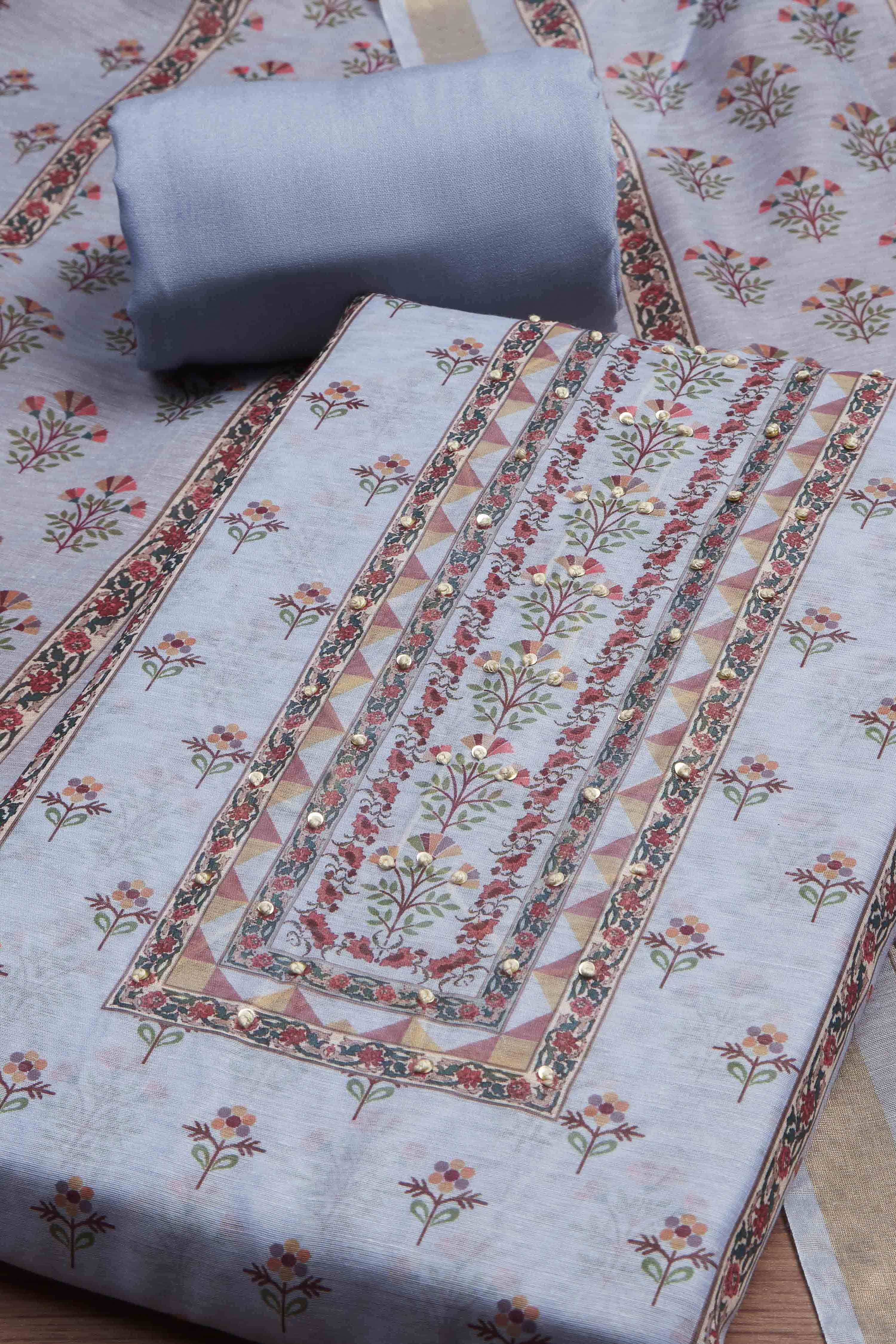 Cream-Toned Muslin Rajasthani Print Unstitched Suit Set image number 1