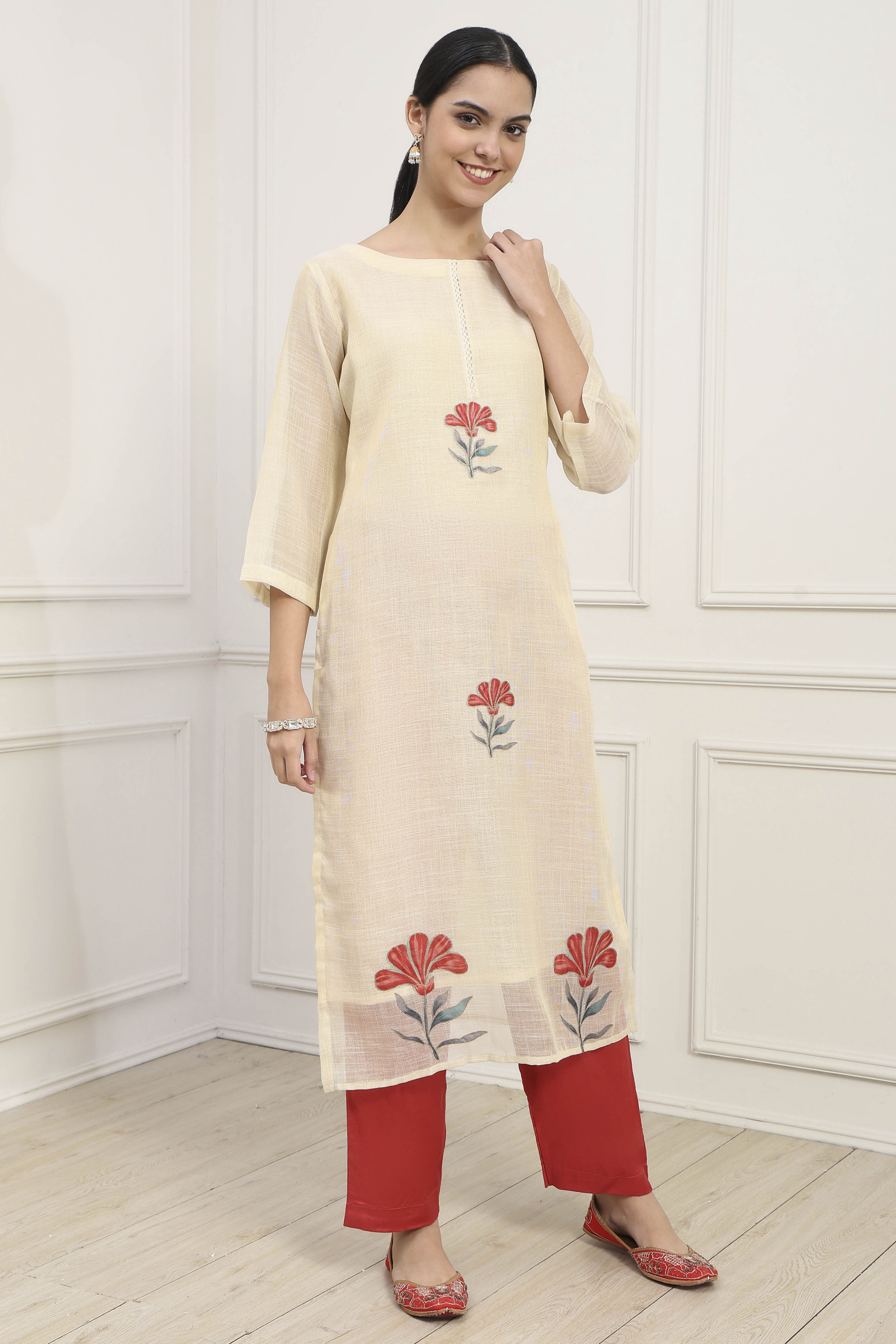 Beige Red Tissue Applique Unstitched Suit Set image number 6