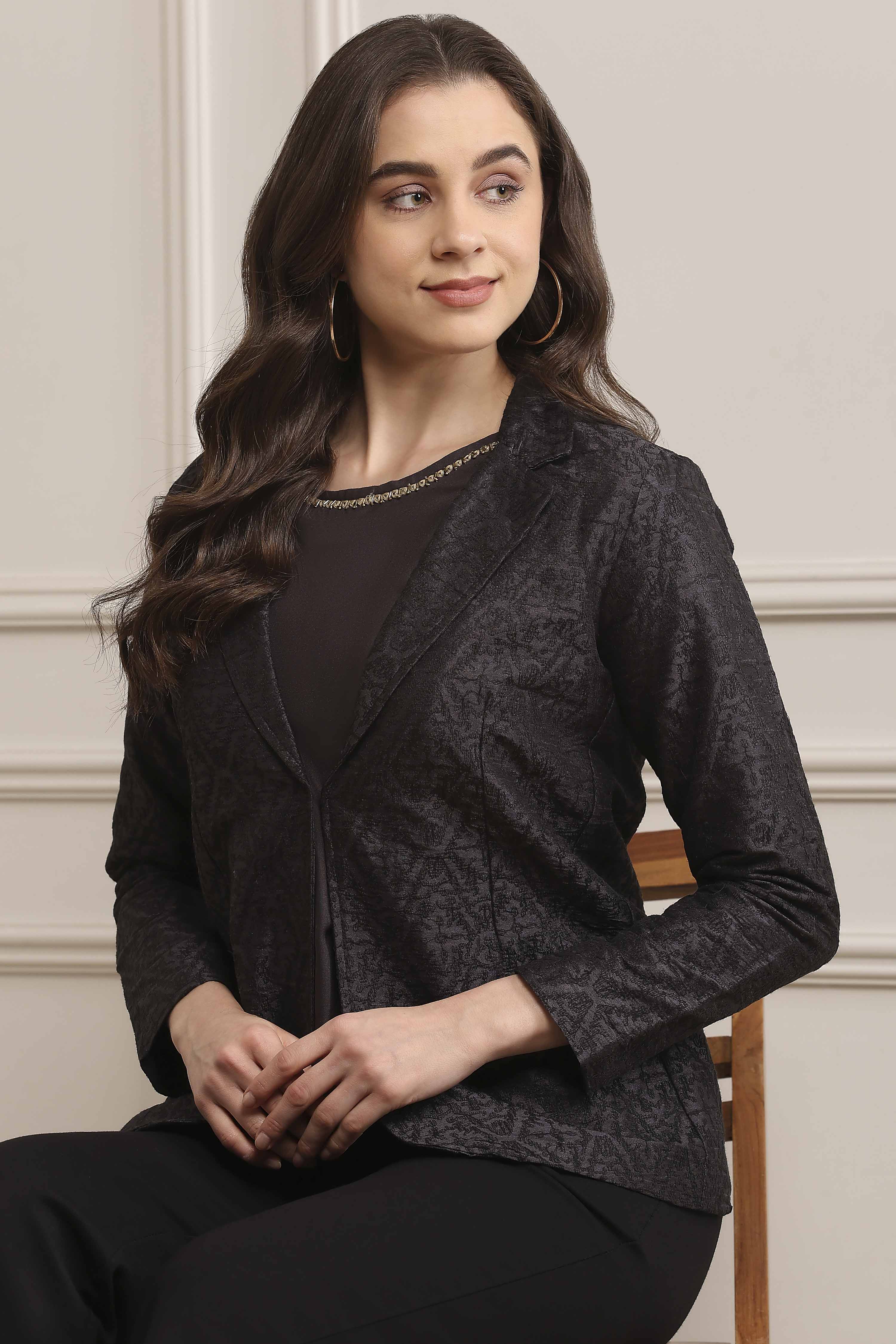 Coral & Black Polyester Embroidered Jacket image number 0