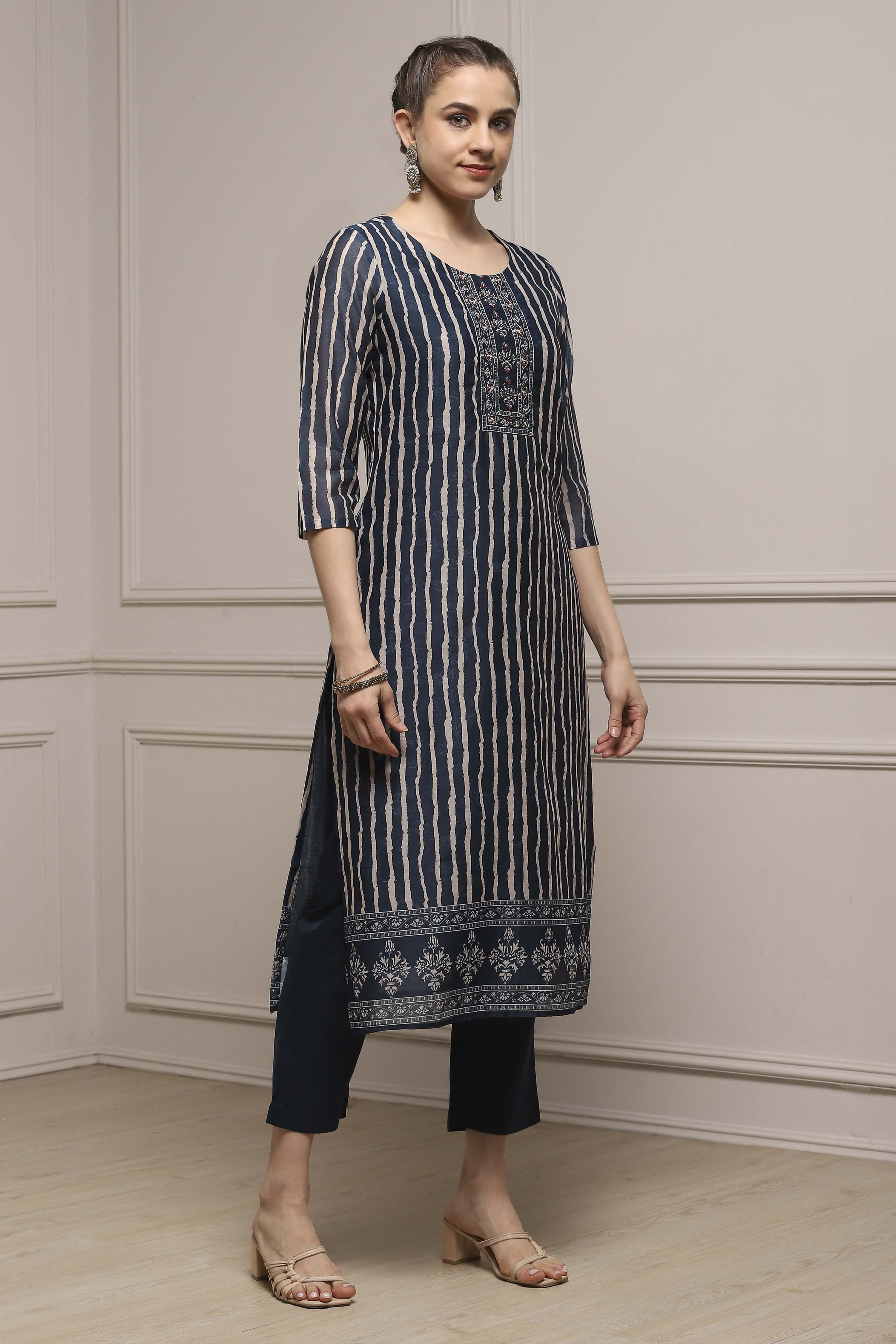 Blue Chanderi Blend Printed Embroidered Unstitched Suit Set image number 6