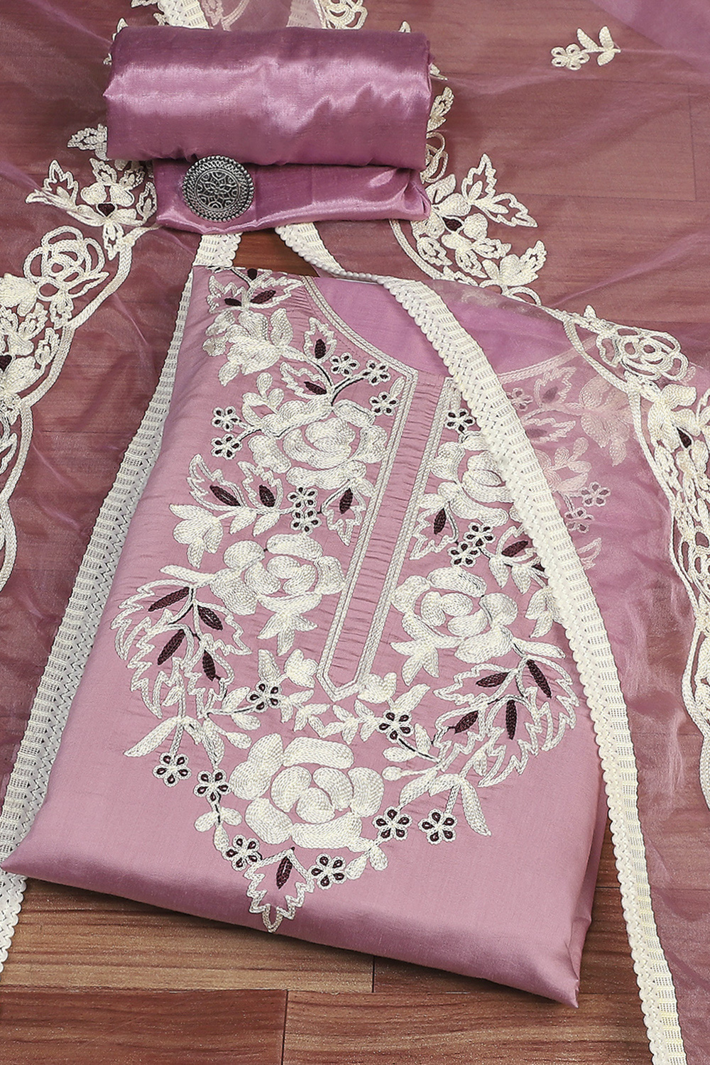 Lilac Cotton Blend Machine Embroidered Unstitched Suit Set image number 0