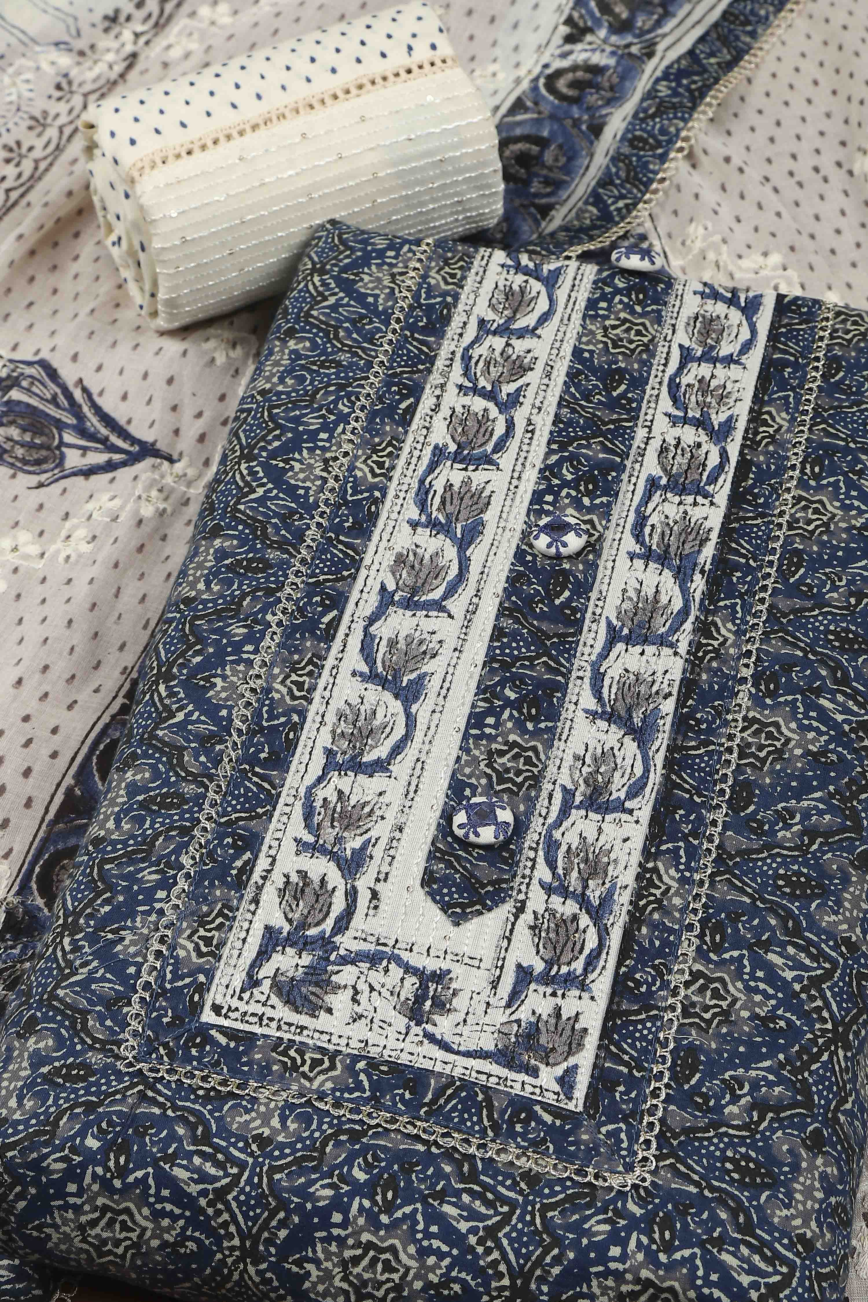 Blue Cotton Printed Embroidered Unstitched Suit Set image number 1