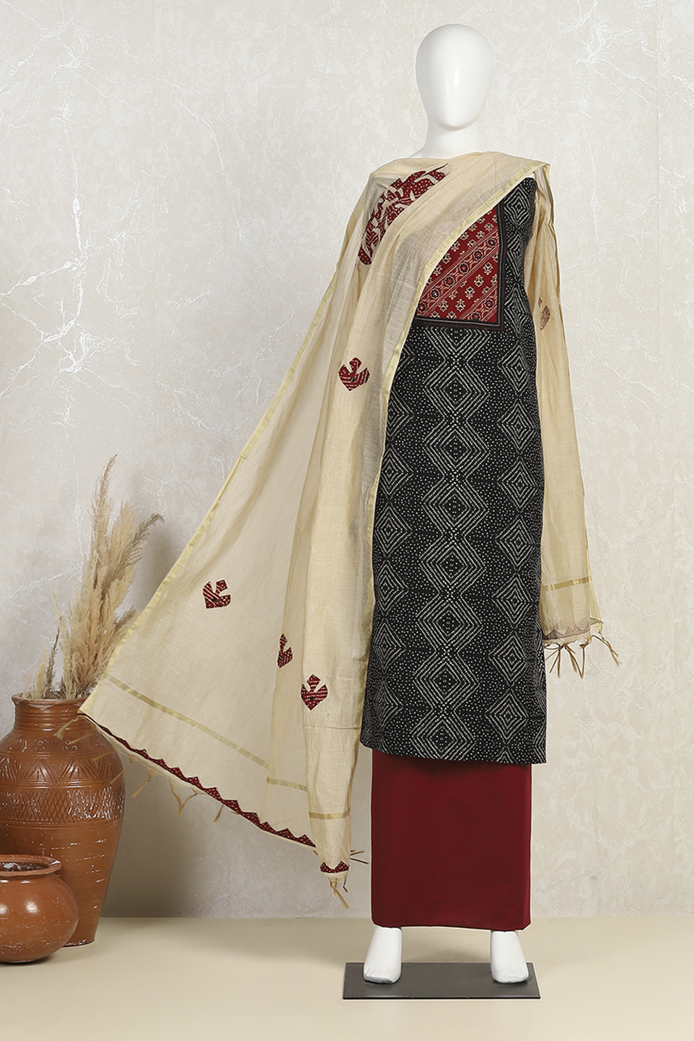 Black Cotton Blend Hand Block Print Unstitched Suit Set image number 4