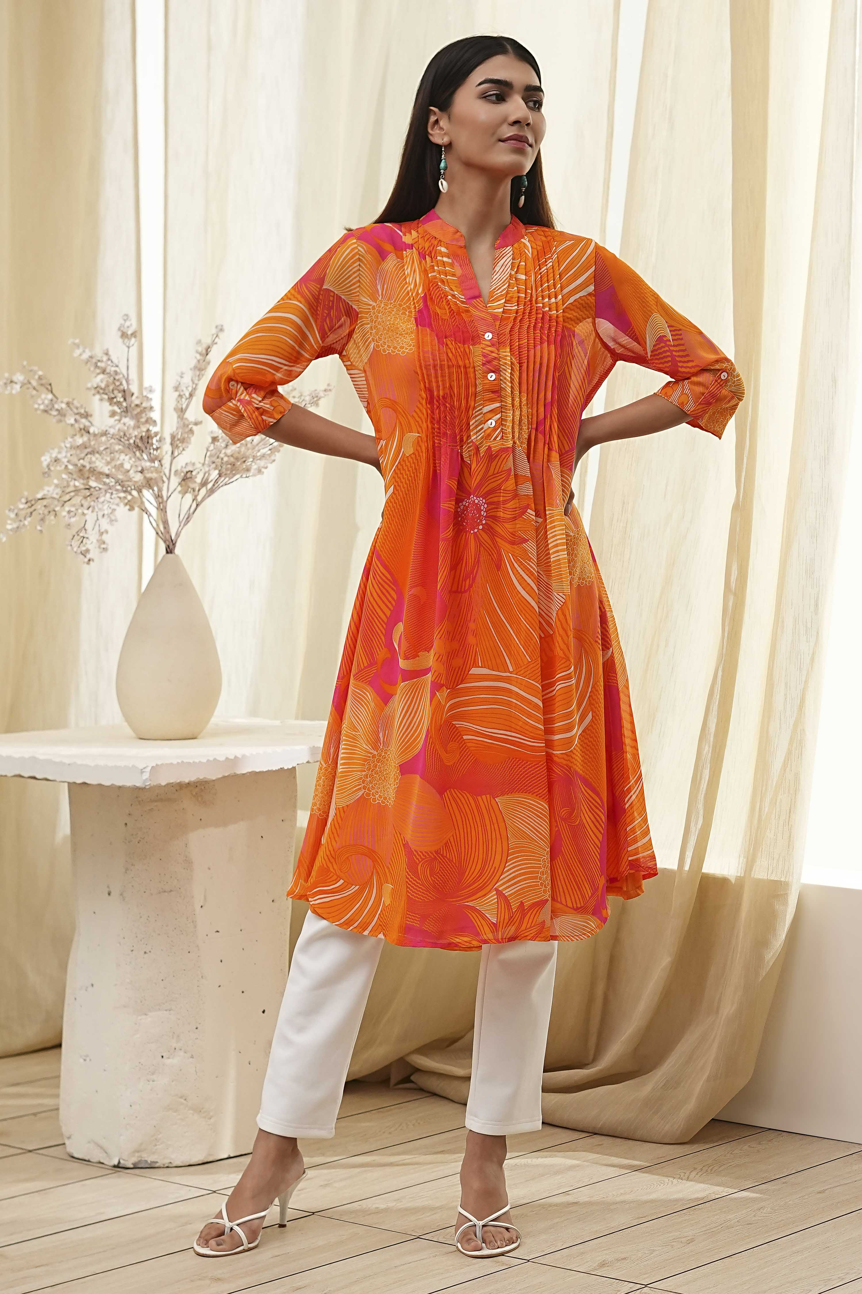 Blue Printed Pleated A-Line Kurta image number 5