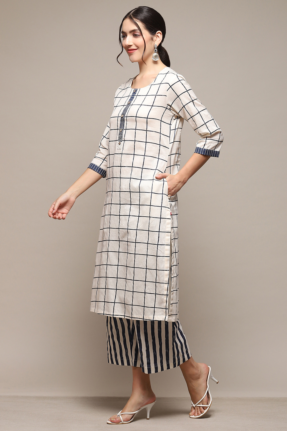 Natural & Blue Cotton Flax Straight Kurta Palazzo Suit Set image number 3