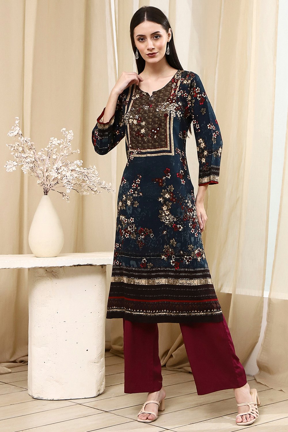 Teal Floral Printed Straight Kurta image number 5