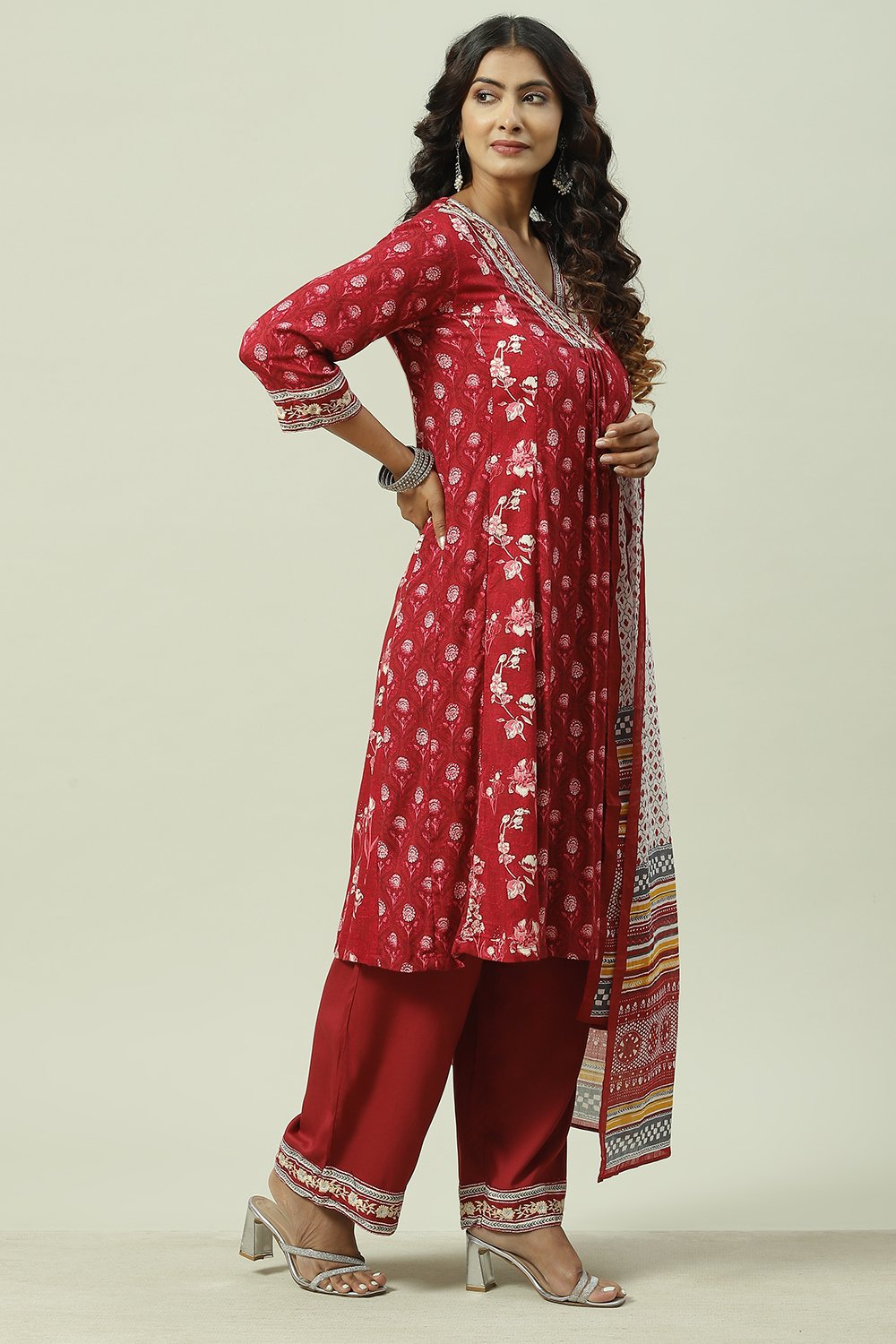 Charcoal LIVA A-Line Kurta Palazzo Suit Set image number 7