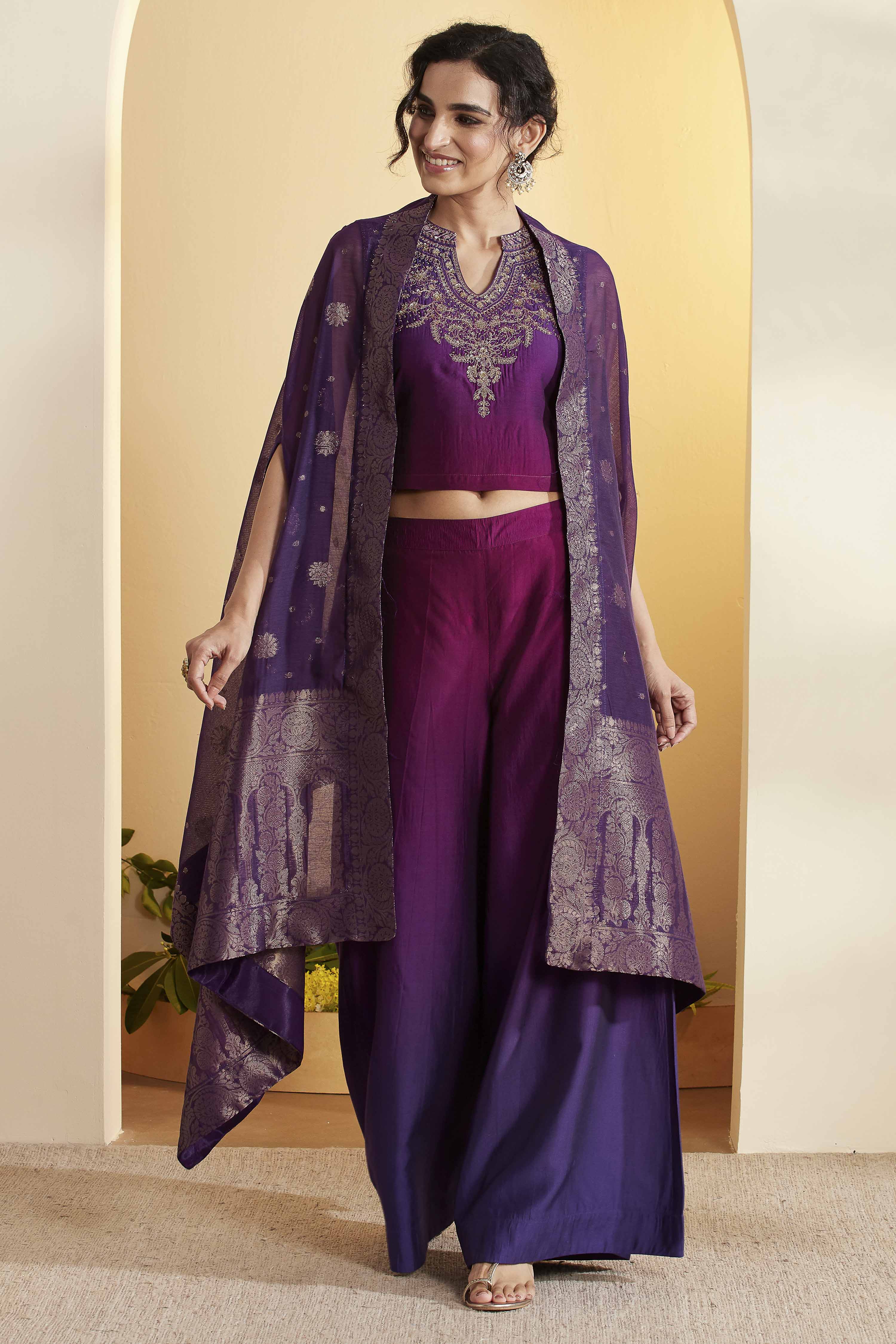 Purple Royal Silk Yoke Design Fusion Set image number 0
