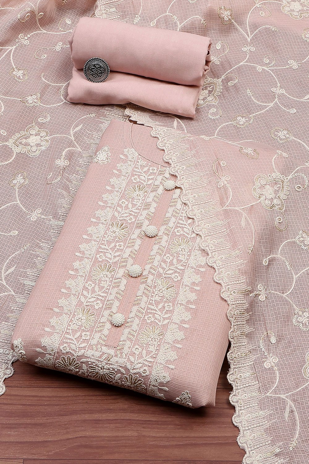 Baby Pink Cotton Embroidered Unstitched Suit Set image number 0