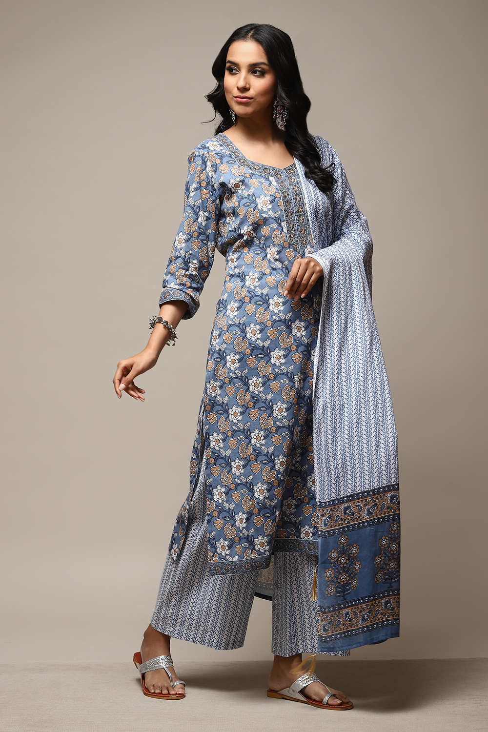 Indigo Cotton Hand Block Print Unstitched Suit Set image number 7