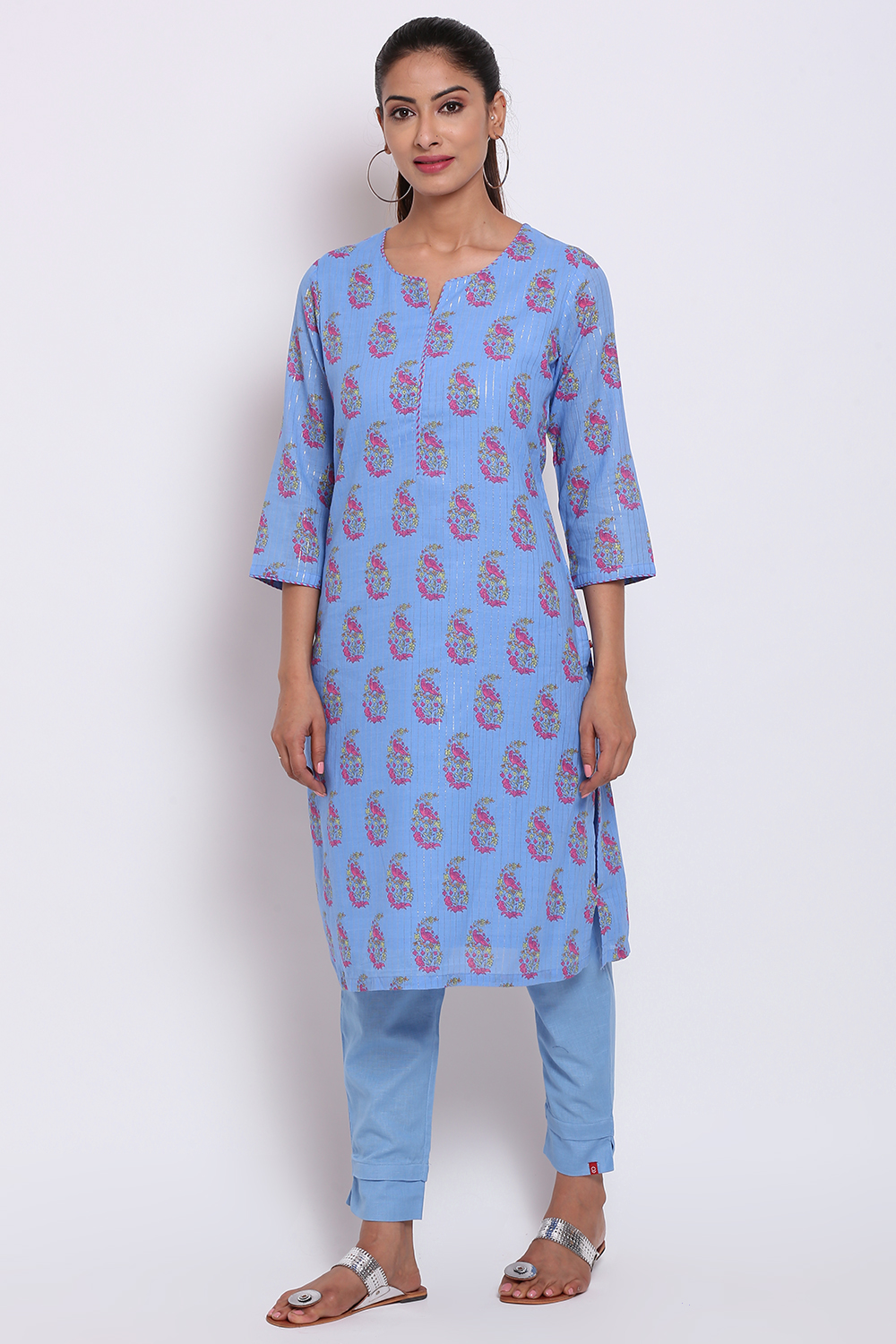 Peach Metallic Cotton Printed Kurta image number 3