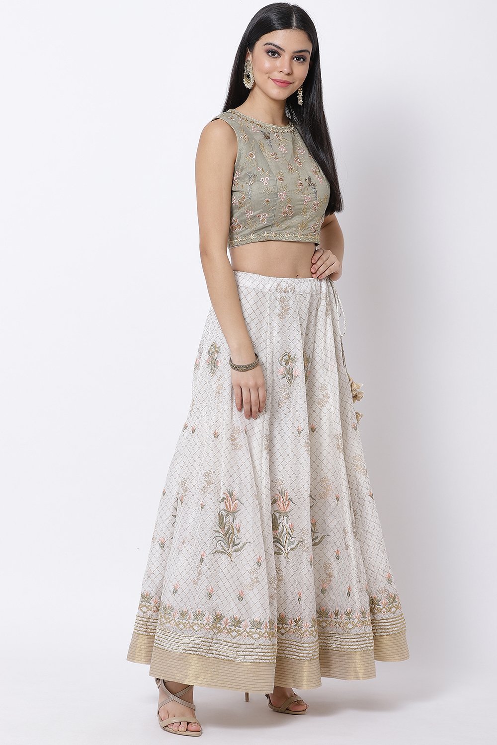 Olive And Ivory Poly Cotton Lehenga Set image number 3