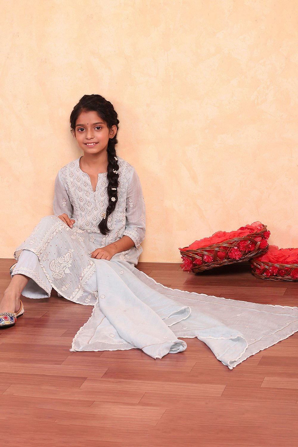 Powder Blue Silk Chanderi Flared Suit Set image number 0