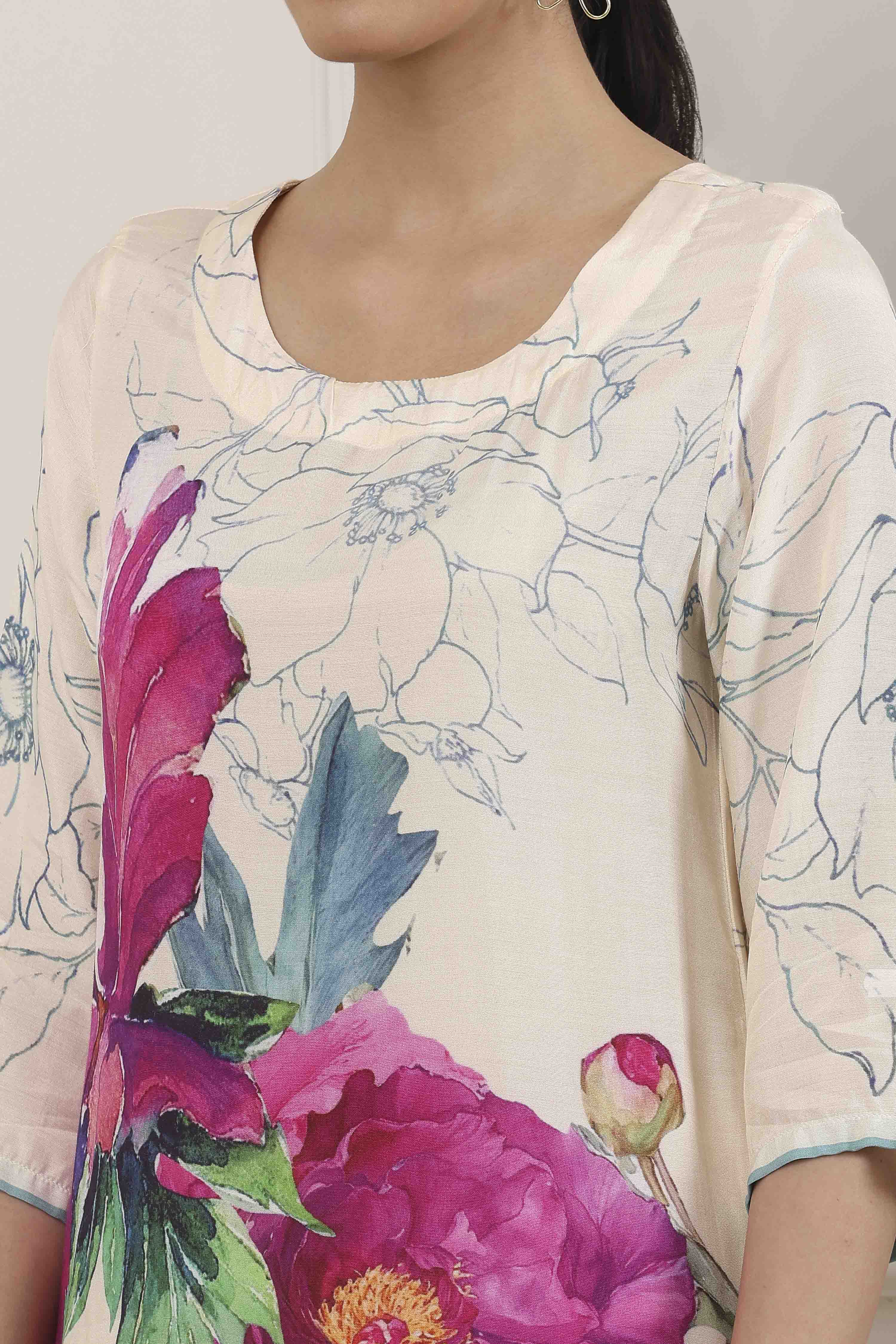 White & Pink Floral Printed Straight Suit Set image number 1