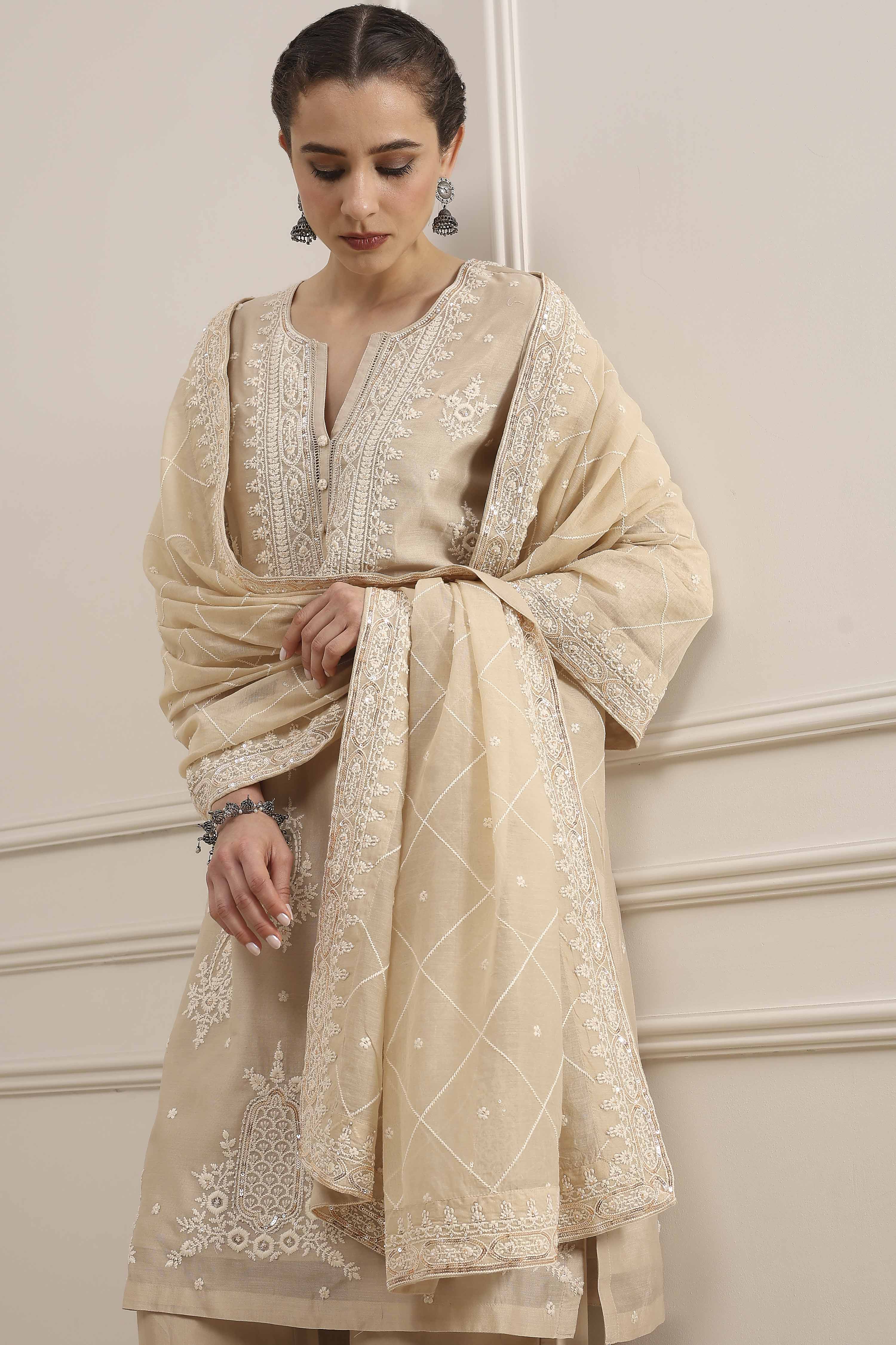 Beige Chanderi Straight Dyed Suit Set image number 7