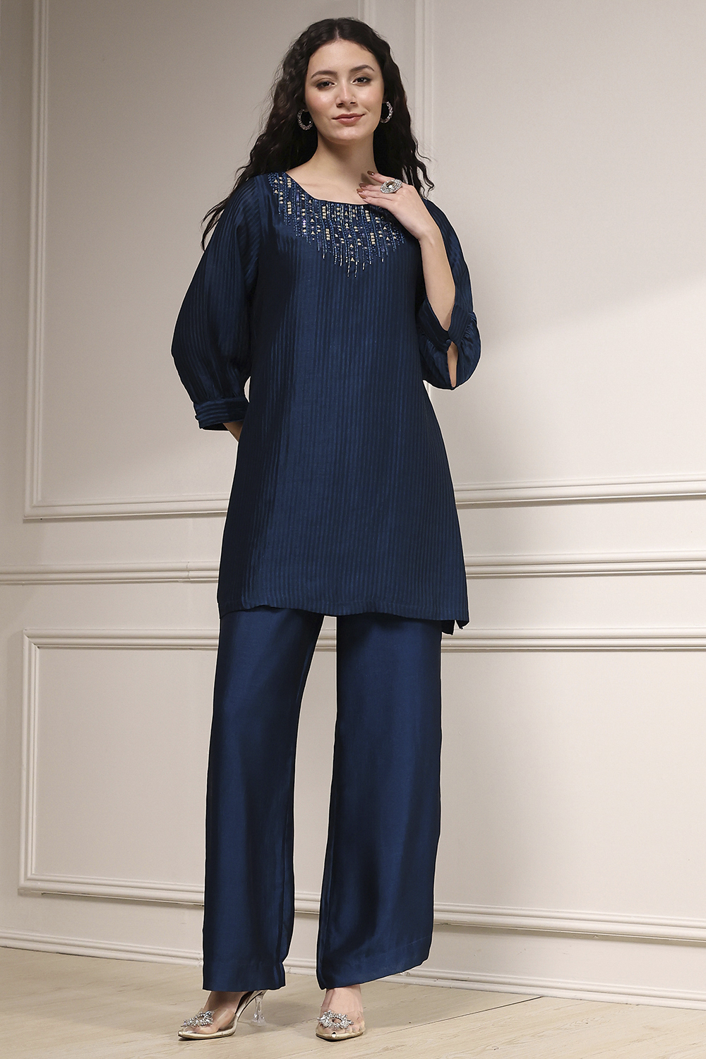 Blue Self-Designed Straight Kurta Set image number 6