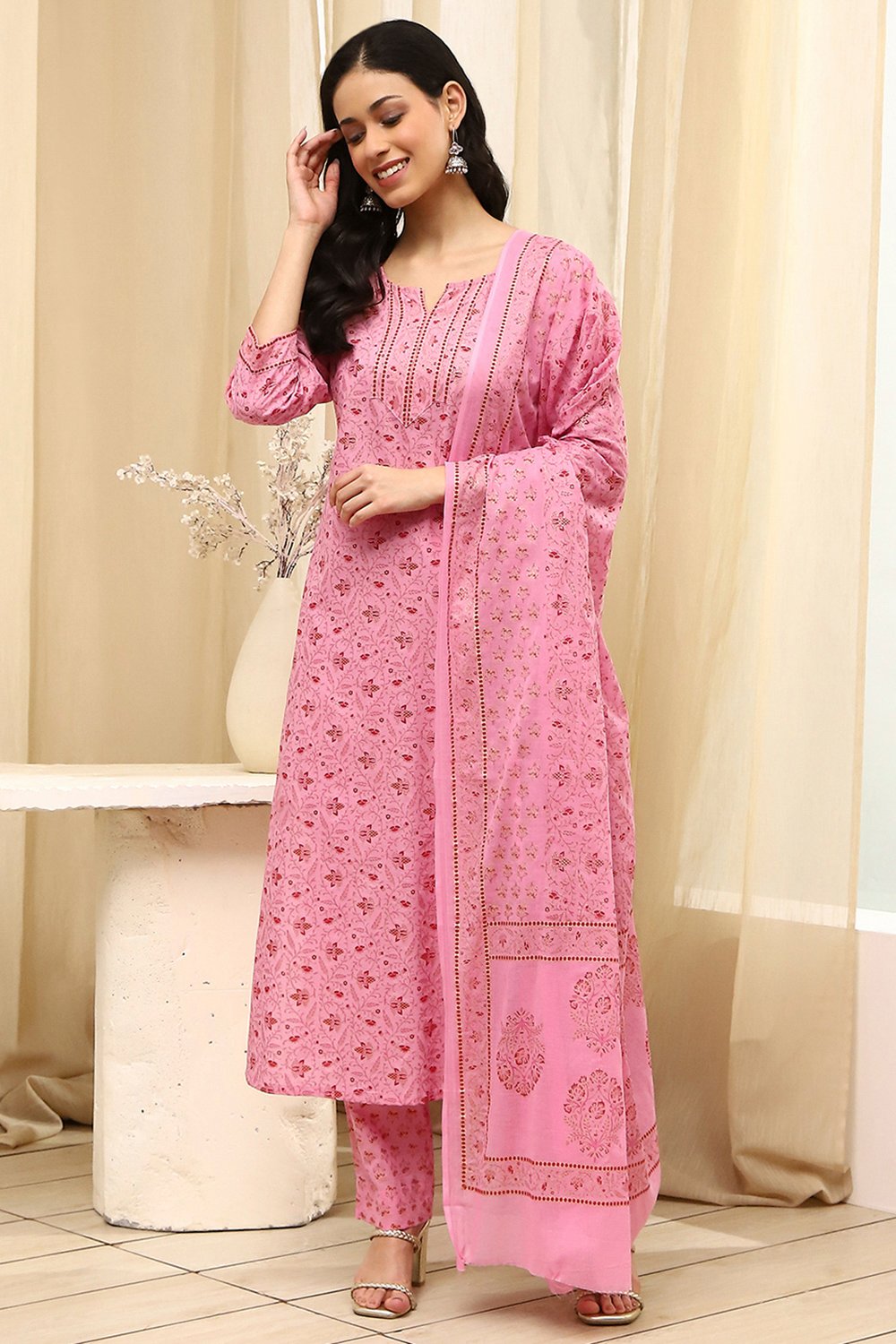 Pink Cotton Screen Print Unstitched Suit Set image number 7