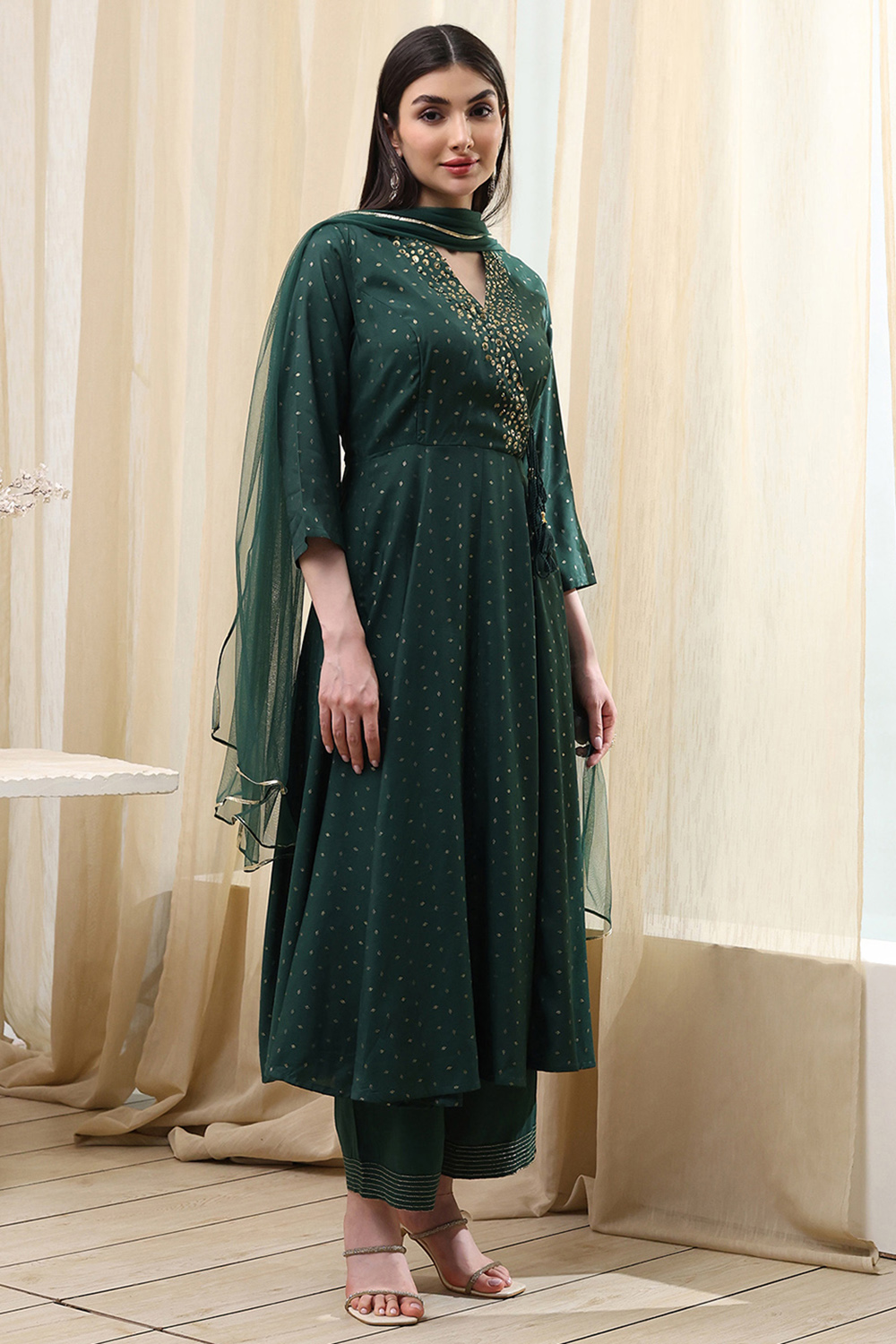 Dark Green Shantoon Printed Anarkali Suit Set image number 5