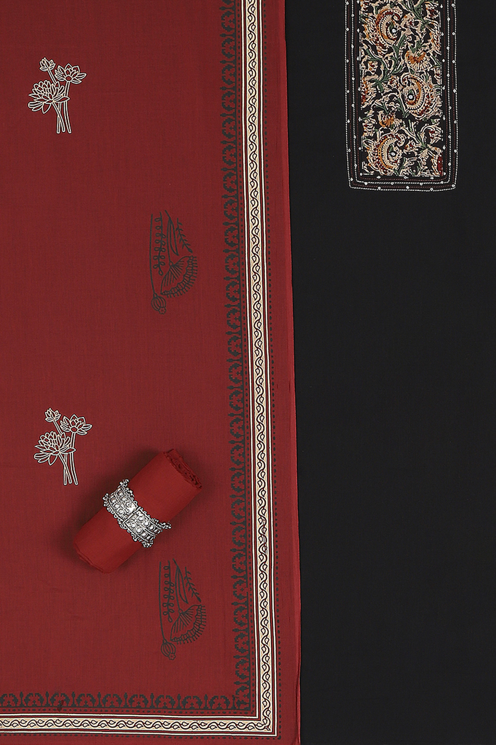 Red Cotton Hand Block Print Unstitched Suit Set image number 1