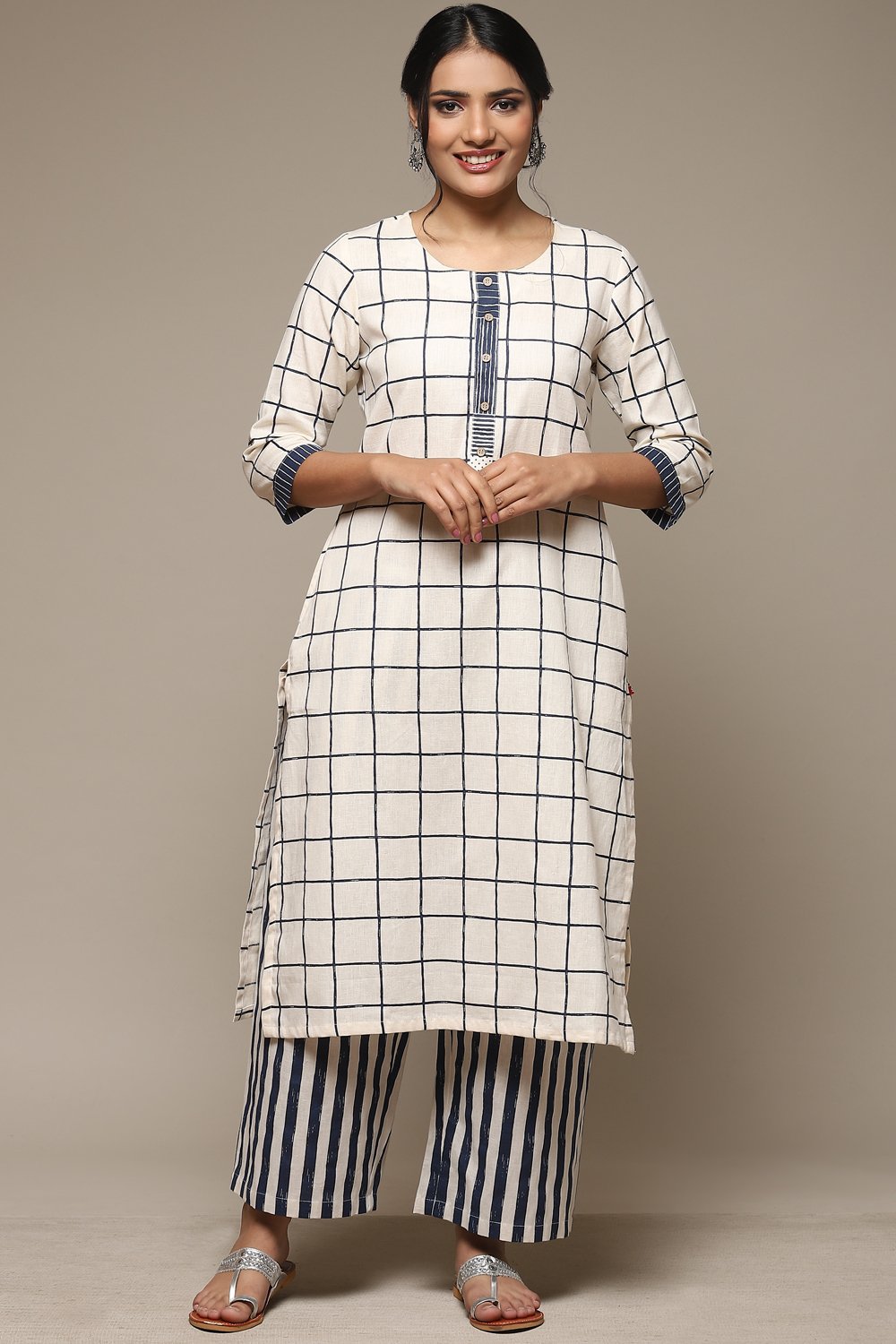 Natural & Blue Cotton Blend Straight Kurta Palazzo Suit Set image number 6