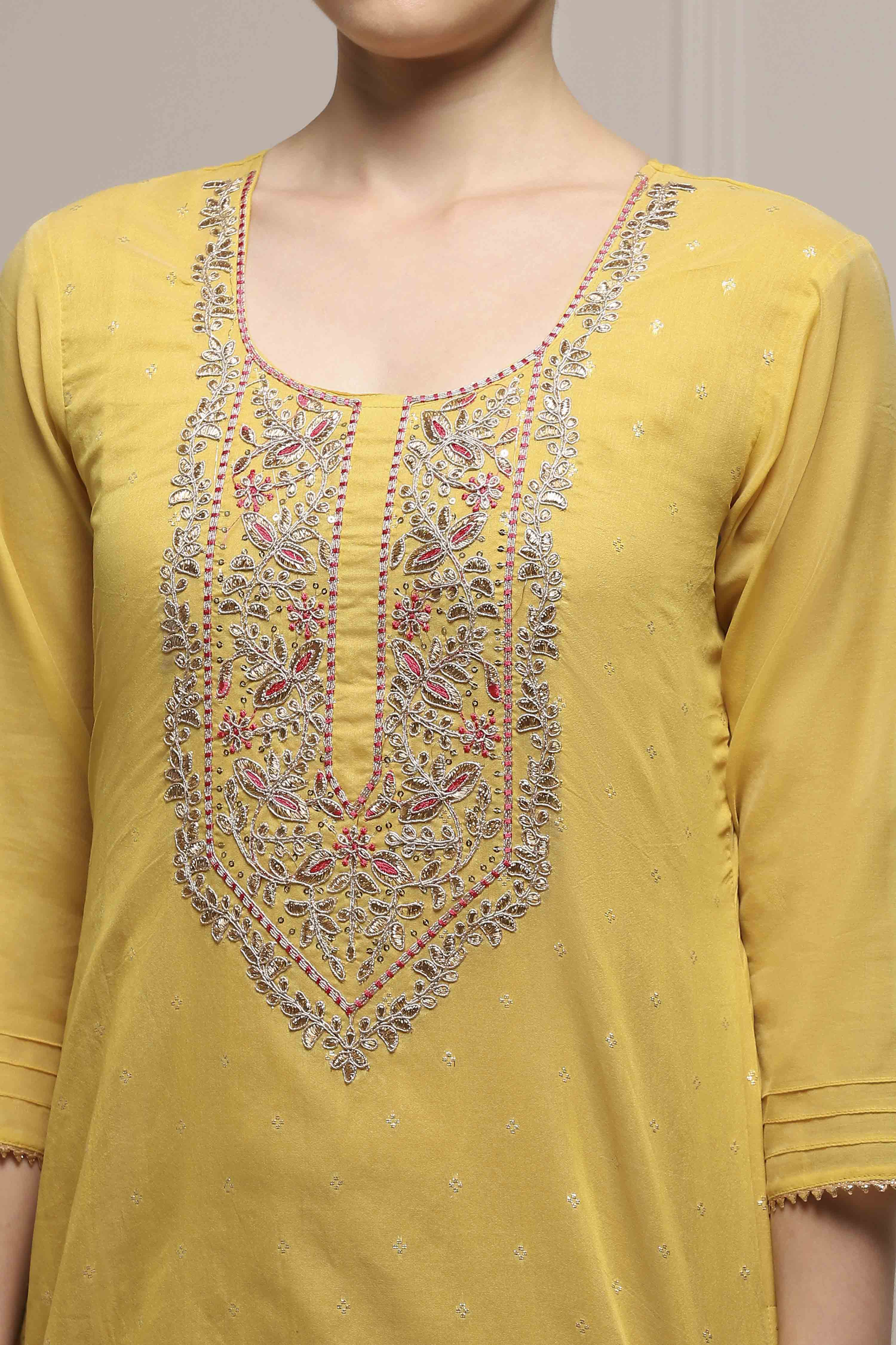 Yellow Tissue Blend Machine Embroidered Unstitched Suit Set image number 2