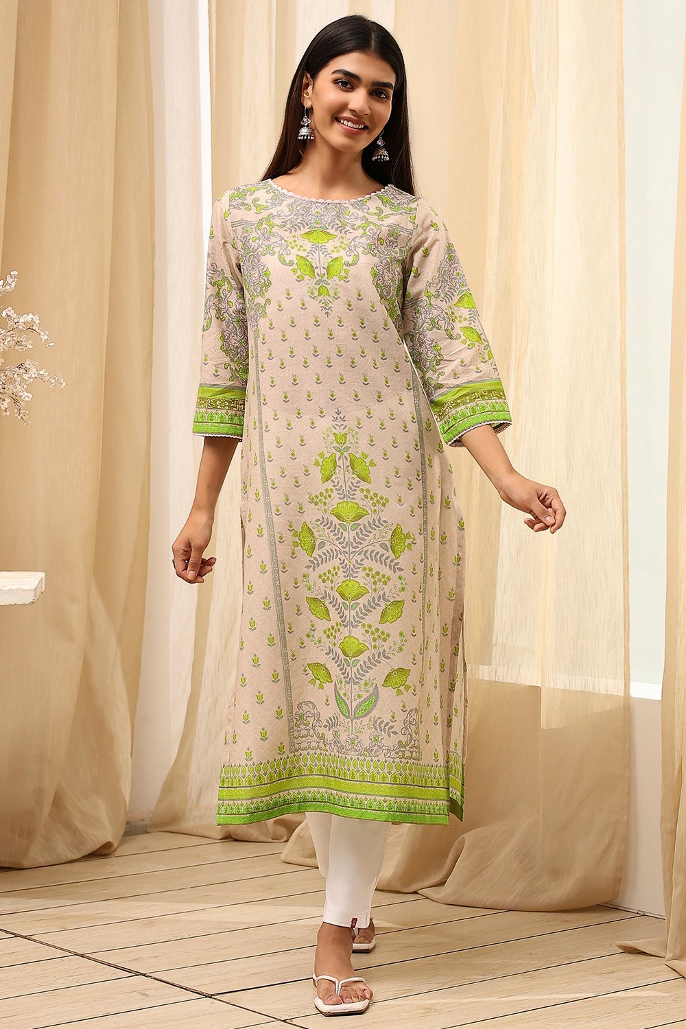 Green Cotton Printed Straight Kurta image number 5
