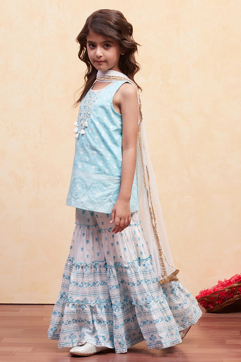 Turquoise Cotton Tiered Suit Set image number 3