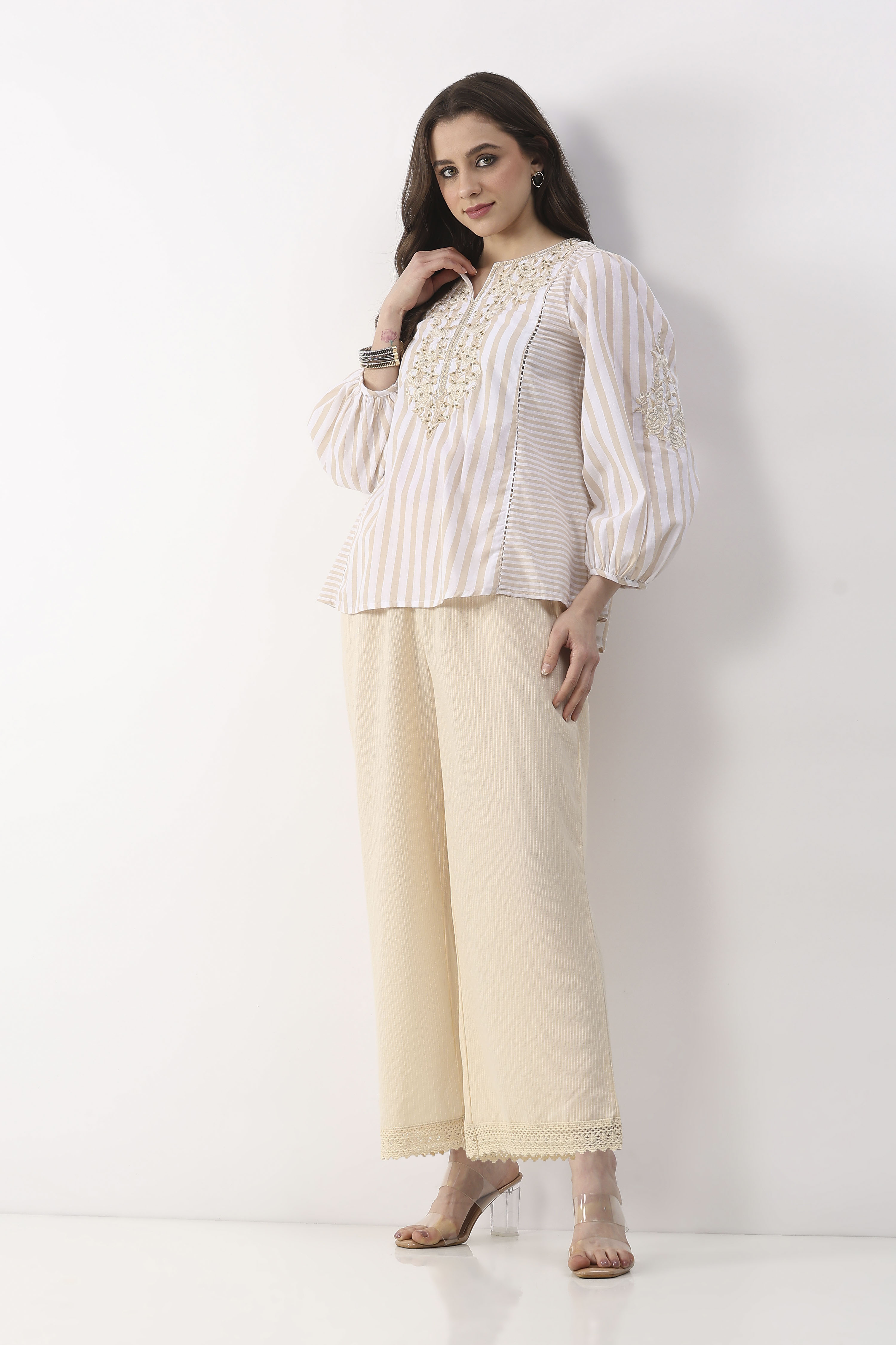 Beige Cotton Straight Palazzos image number 0