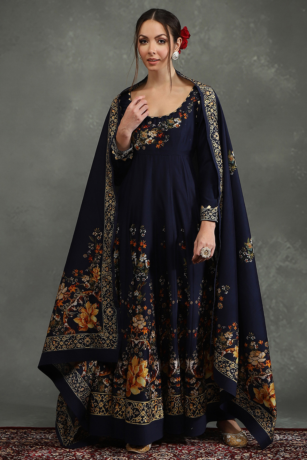 Rohit Bal Indigo Silk Chanderi Floral Anarkali Suit Set image number 6