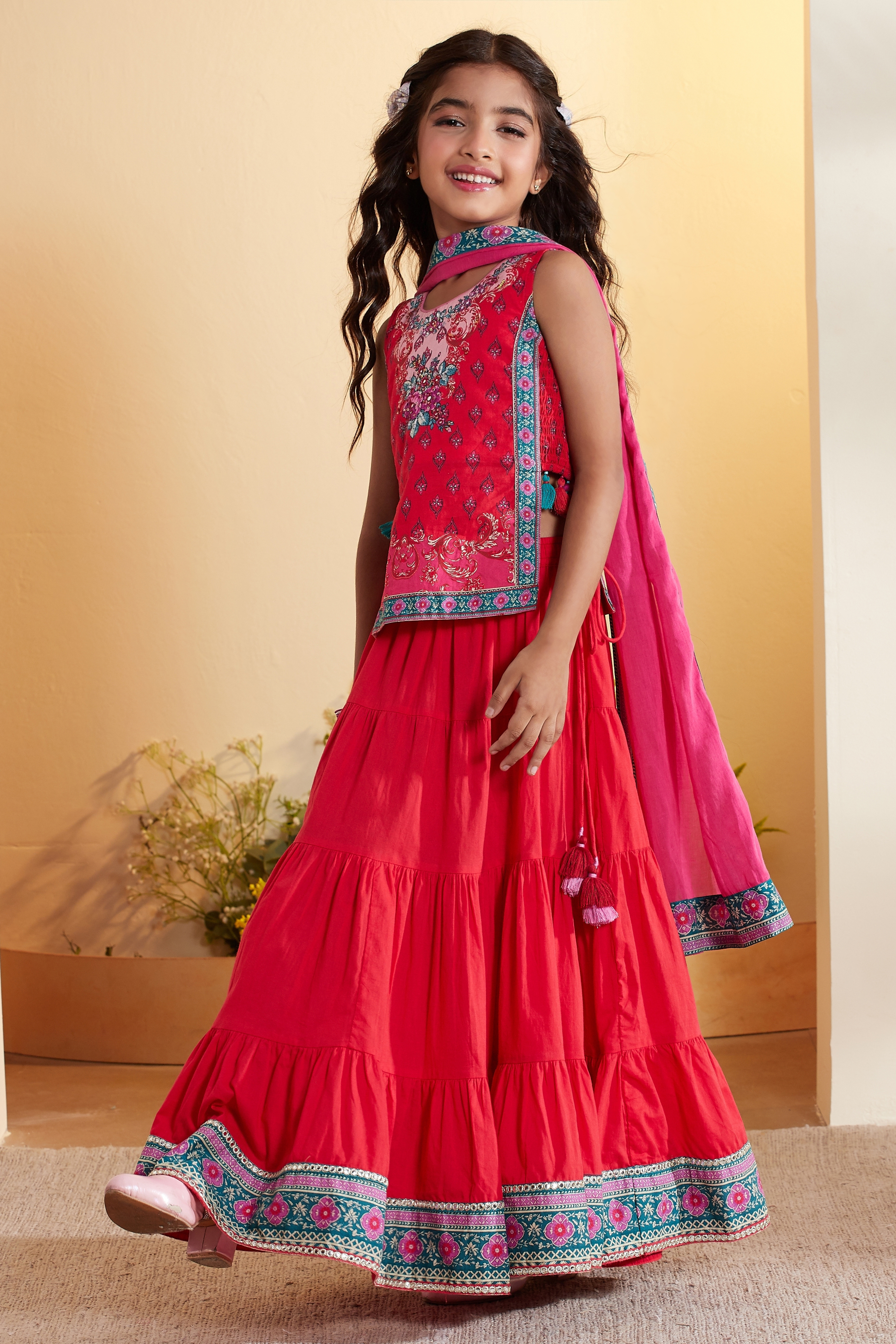 Red Cotton Floral Printed Tiered Lehenga Set image number 3