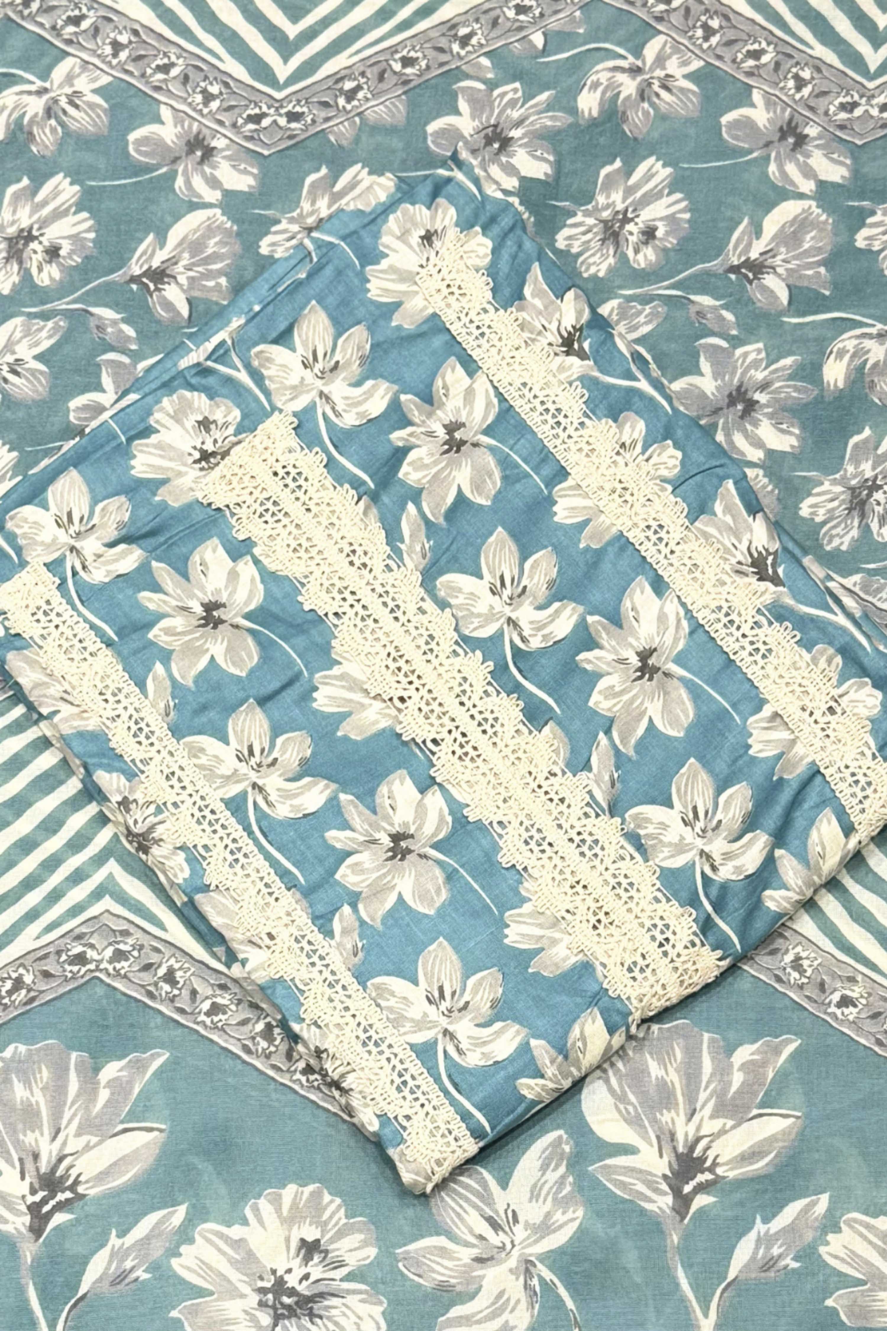 Teal Cotton Printed Unstitched Suit Set image number 1