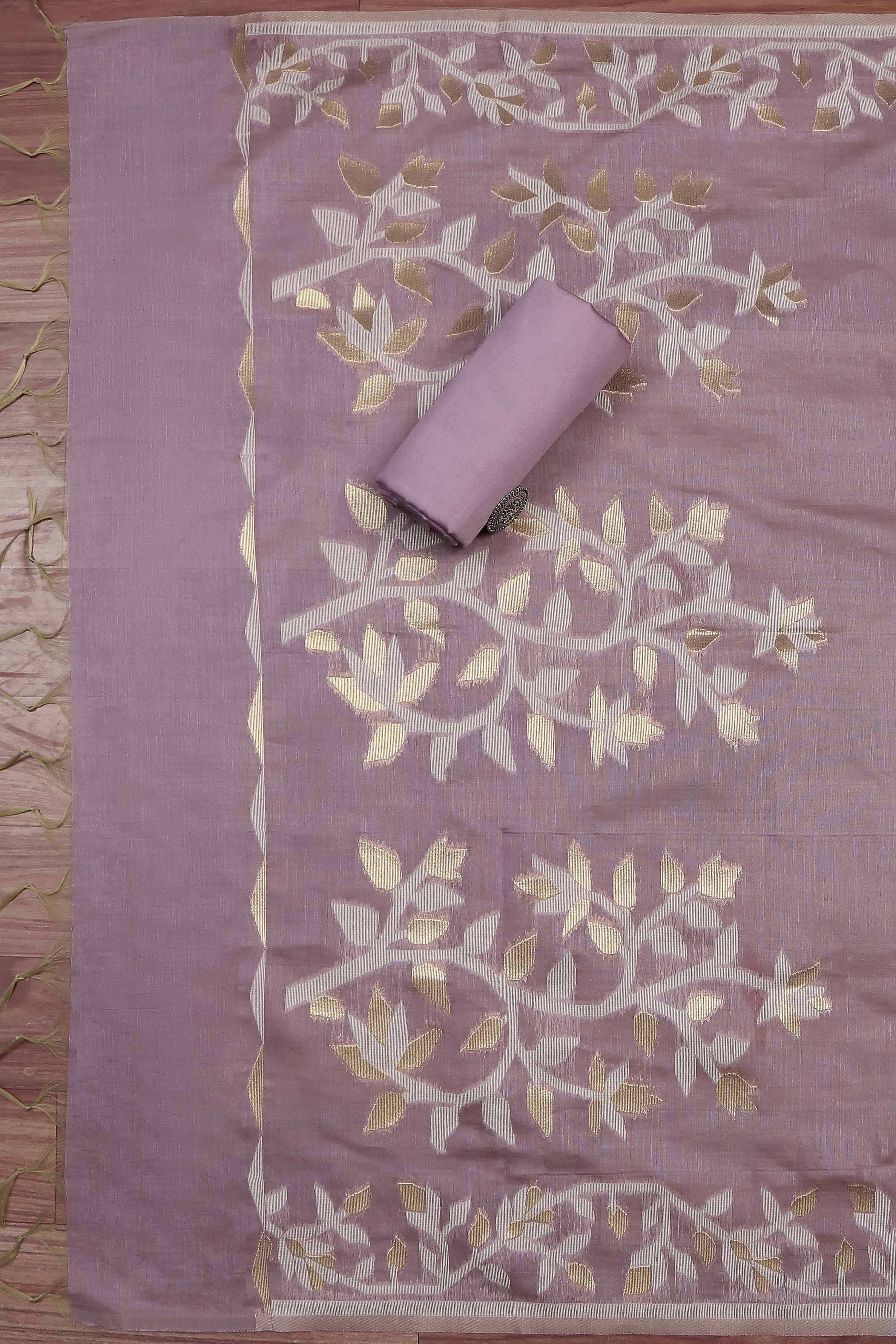 Mauve Cotton Printed Embroidered Unstitched Suit Set image number 3