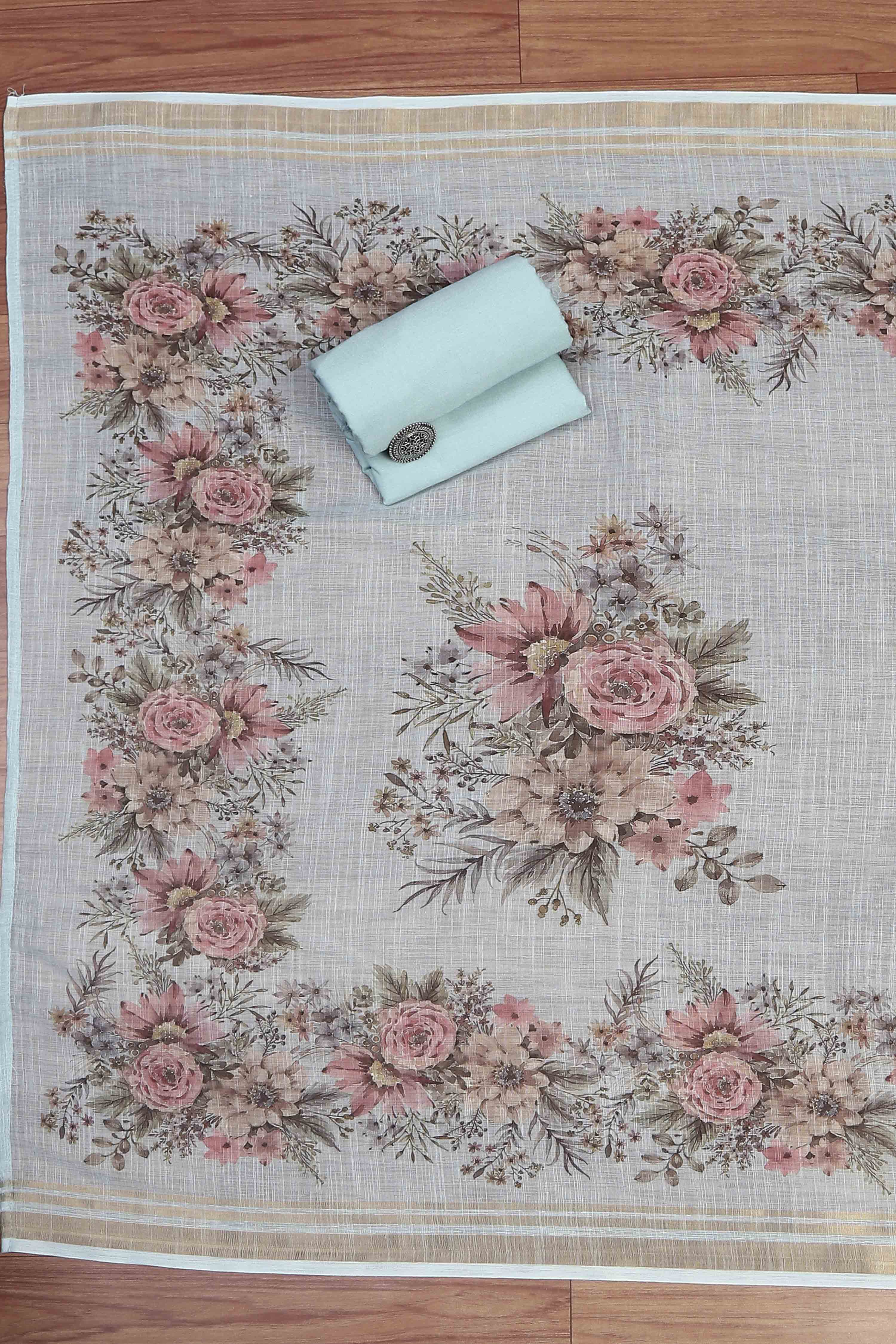 Sky Blue Linen Unstitched Suit Set image number 3