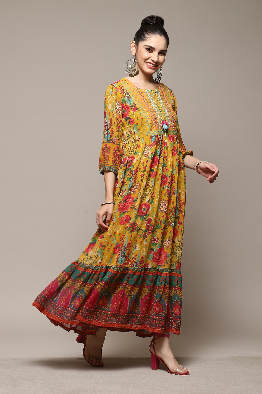Teal Polyester Tiered Printed Dress image number 3