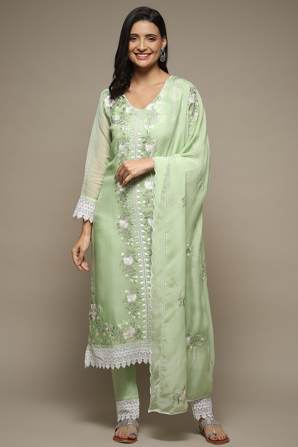 Green Organza Lace Unstitched Suit Set image number 8