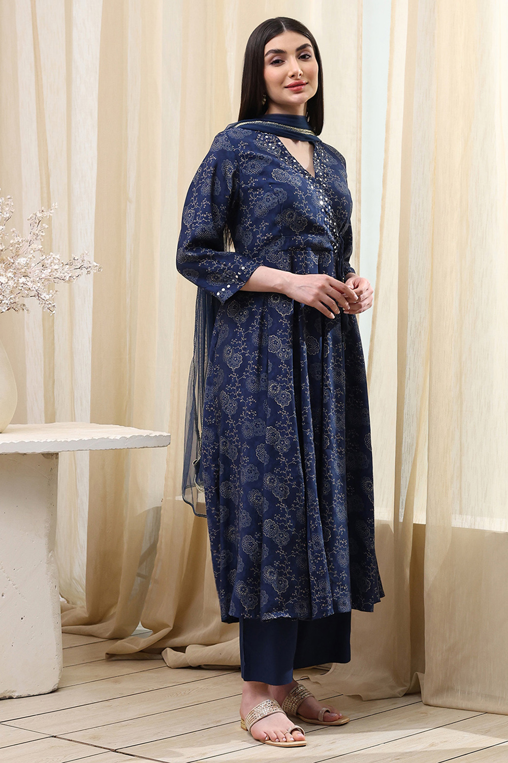 Navy Blue Printed Angrakha Style Anarkali Suit Set image number 5