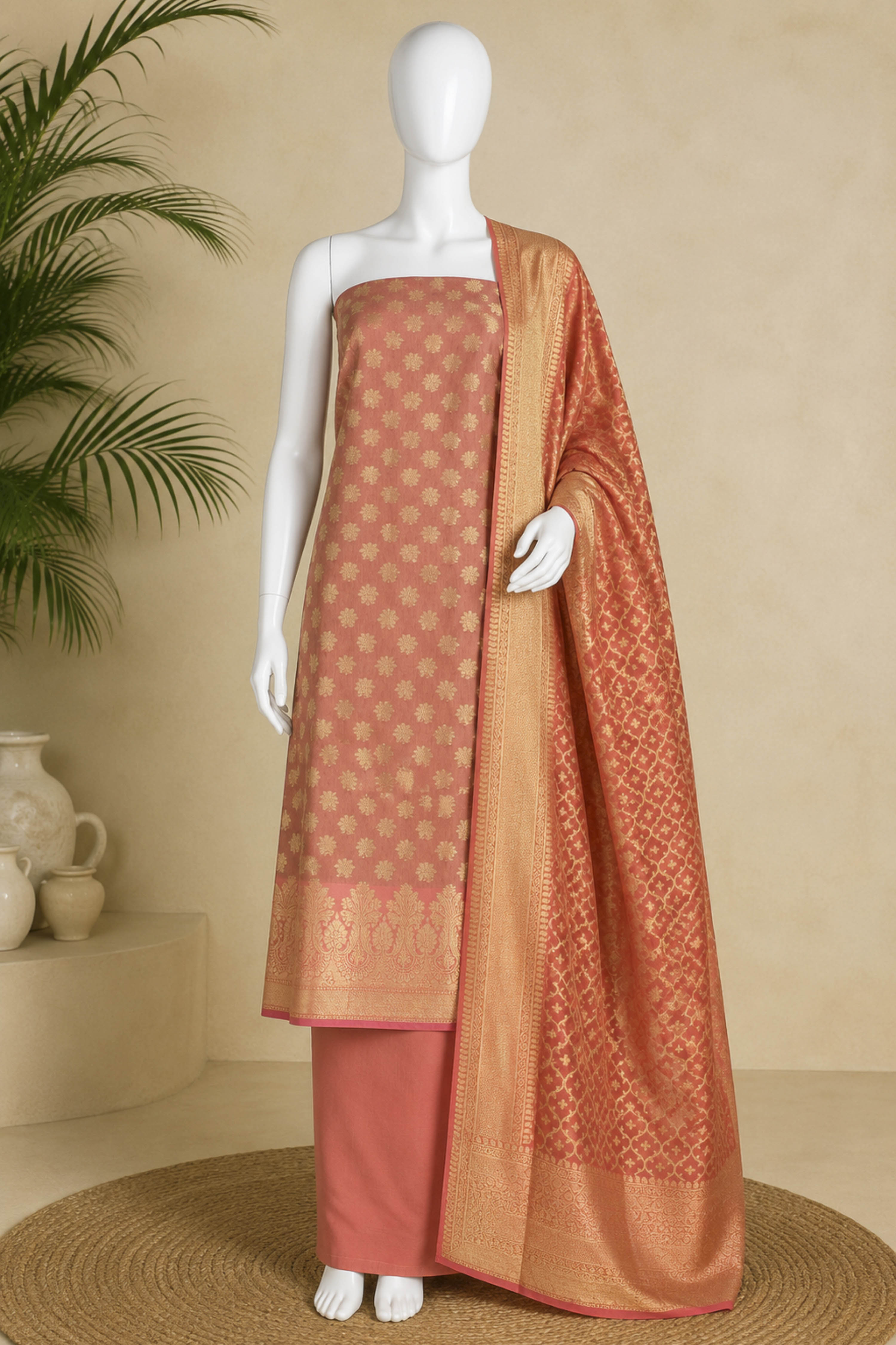 Pink Chanderi Silk Printed Unstitched Suit Set image number 5