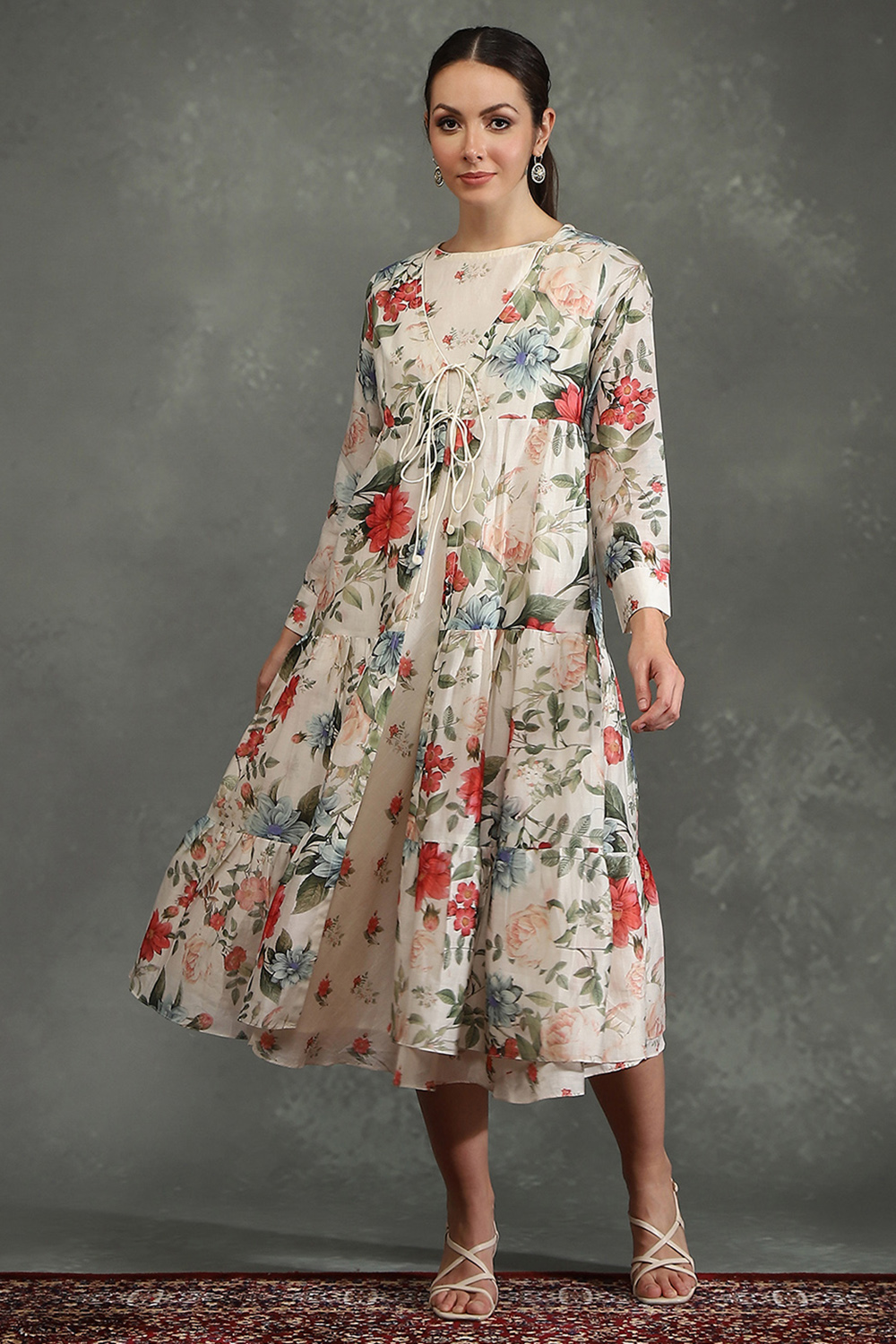 Ivory Silk Chanderi Floral Front-Open Dress image number 5