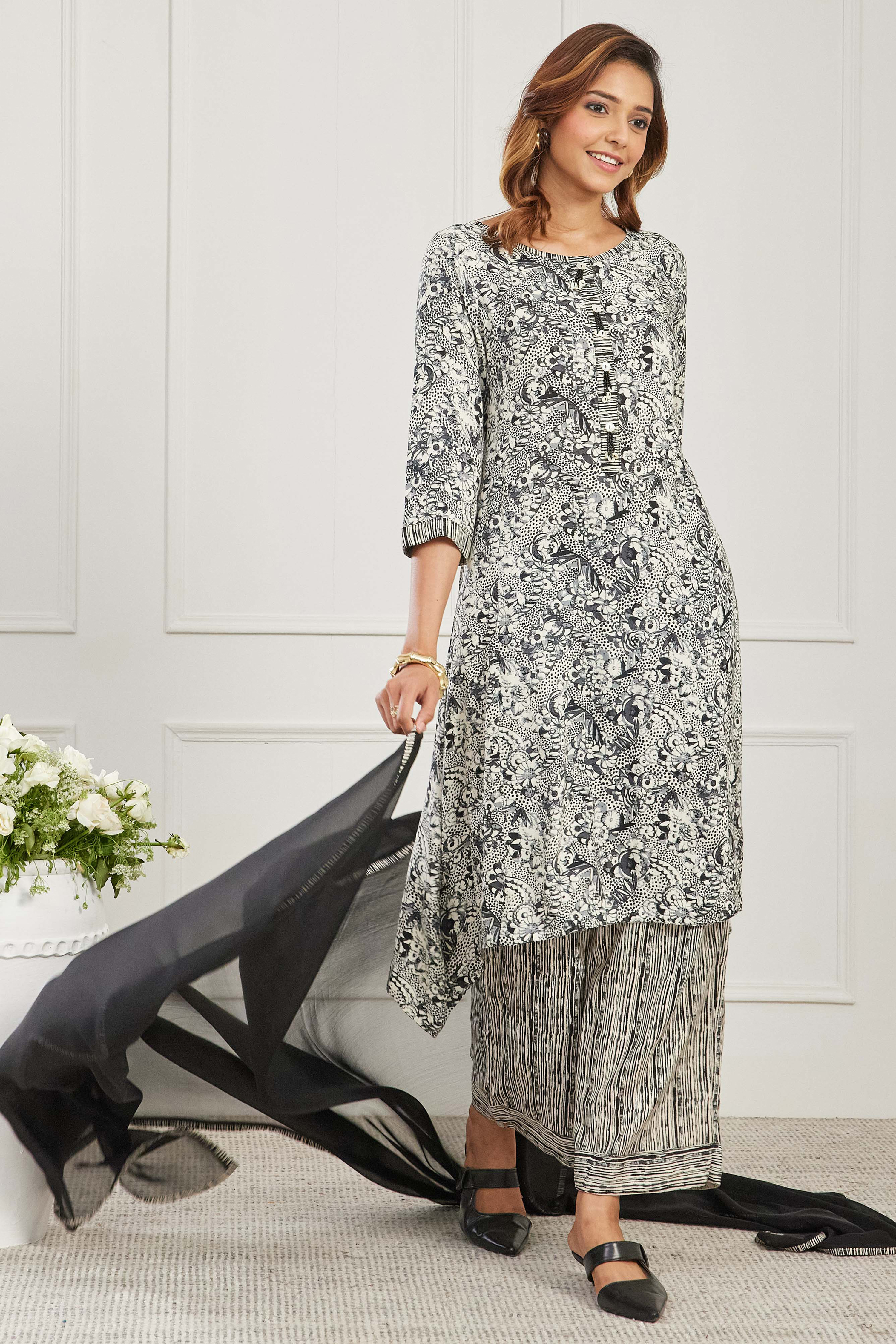 Blue & White Rayon Floral Printed Straight Kurta Set image number 0