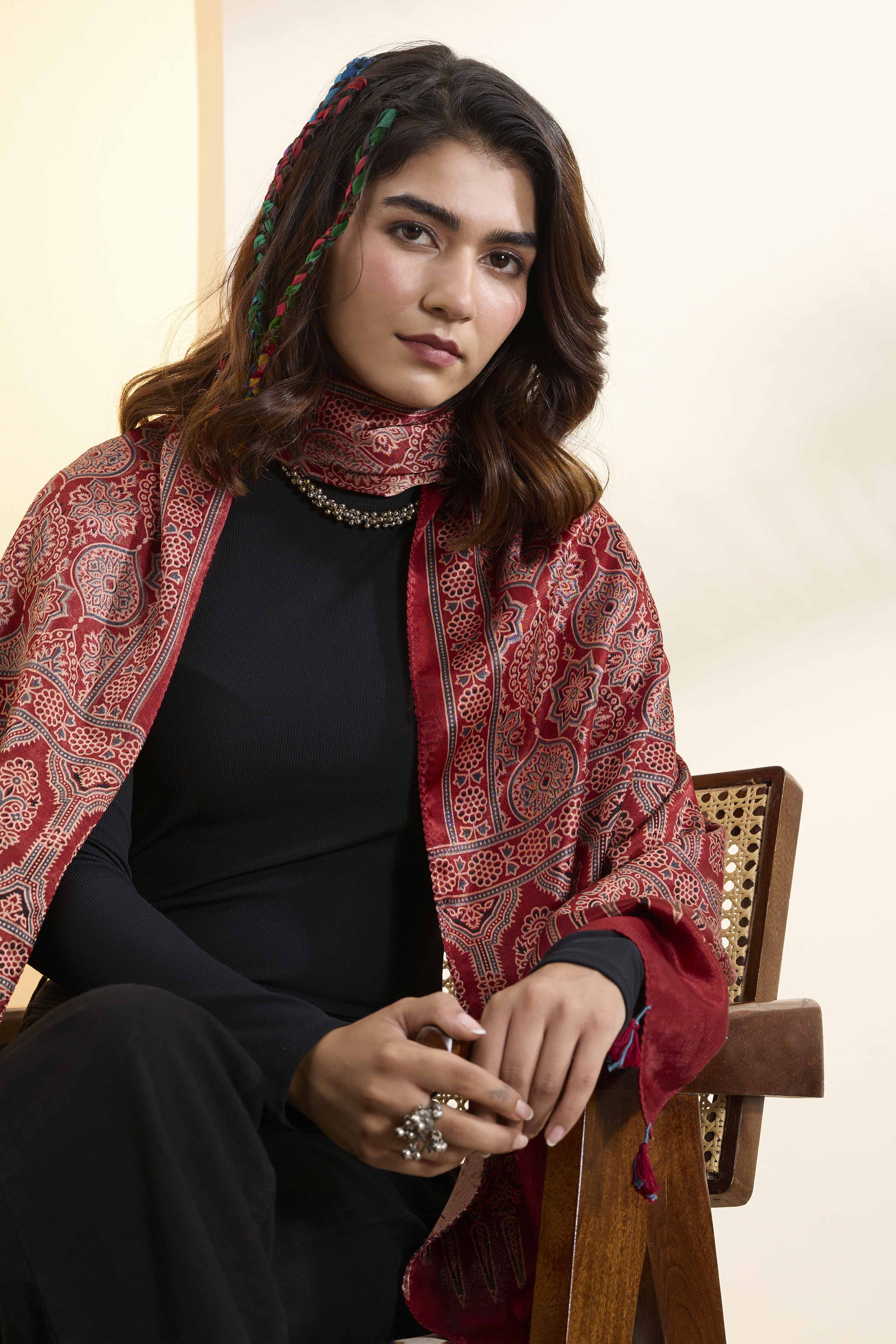 Red Mushru Silk Ajrakh Dupatta image number 1